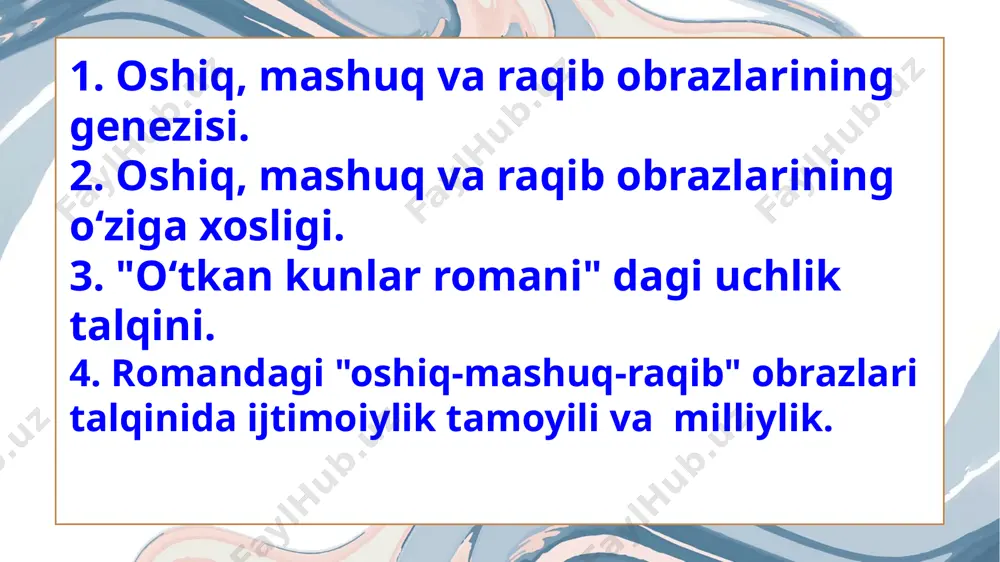 zi. “o‘tkan kunlar” romanida ma’shuqa obrazida sharq ayoliga xos barcha jihatlar jamlangan: go‘zallik, iffatlilik, aql-idrok, farosat, sadoqat, arazchilik, rashk, soddalik o‘ziga xos joziba bilan tasvirlangan. muallif ma’shuqa portretini chizgandayoq unda suvrat va siyrat aro uyg‘un go‘zallik borligi ayonlashadi. romanning beshinchi faslidagi “par yostiq quchog‘ida sovuqdan erinibmi va yo boshqa bir sabab bilanmi uyg‘oq yotqan bir qiz” kumushbibi edi. marg‘ilonning go‘zallaridan bo‘lgan bu qizga ta’rif shunday: “uning qora zulfi par yostiqning turlik tomonig‘a tartibsiz suratda to‘zg‘ib, quyuq jinggila kiprak ostidagi timqora ko‘zlari bir nuqtag‘a tikilganda, nimadir bir narsani ko‘rgan kabi... qop-qora kamon, o‘tib ketkan nafis, qiyig‘ qoshlari chimirilganda, nimadir bir narsadan cho‘chigan kabi...to‘lg‘an oydek g‘uborsiz oq yuzi bir oz qizilliqg‘a aylanganda, kimdandir uyalg‘an kabi...”. raqib obrazi. “o‘tkan kunlar” romanida raqib – otabekka butunlay qarama-qarshi xususiyatlarga ega homid. homid faqatgina hiyla-nayrang ishlatib, oshiq-ma’shuqlarning yo‘lini to‘smaydi. uning butun borlig‘i, odamlar bilan bog‘liq munosabatlari hasadga to‘la. homidda aqlan boshqalardan ustunlik bo‘lsa ham, o‘zi mansub …