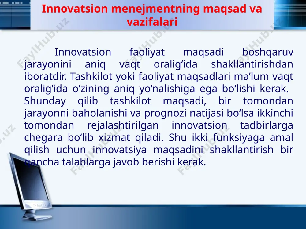 ri bo‘yicha yoki bozor talablari bo‘yicha yangilanishni talab qiladi. texnologik parametrlar bo‘yicha yangilanish bu maxsulotni yaratishda yangi muammolar va yarim fabrikatlar, shuningdek, komplektlanadigan yangi xomashyolardan foydalanishni talab qiladi. texnologik parametrlarga jarayon yangilanishi: ishlab chiqarishning yangi texnalogiyalarini qo‘llash; yuqori darajadagi avtomatizatsiya; ishlab chiqarishning yangi metodlarini qo‘llash kiradi. innovatsiyasing klassifikatsiyasi tavsifli alomatlar innovatsiyaning guruhli tavsifi 1 innovatsiyani tadbiq etish sohalari boshqaruv, tashkilot, ijtimoiy sanoat 2 ilmiy texnik jarayoni (itj) bosqichlari ilmiy, texnik, texnologik, konstrtuktorlik, ishlab chiqaruvchi, informatsion 3 innovatsiyaning intensiv bosqichi “bun”, teng kuchsiz, to‘liq 4 innovatsiyaning amalga oshish tezligi tez, sekinlashtirilgan, kanalovchan, tarqoq, teng o‘lchovli, har tamonlama o‘zgarish 5 innovatsiya miqdori transkontenental, transmilliy, hududiy,yirik, o‘rta, kichik 6 innovatsiyaning natijaliligi baland, past, mustahkam 7 innovatsiya samaradorligi iqtisodiy, ijtimoiy, ekologik integral ilmiy texnik jarayon bosqichlari bo‘yicha innovatsiya o‘ziga xos xususiyatlarga ega: texnik mahsulotlarni ishlab chiqarishda rivojlangan usullardan foydalanish; tashkiliy boshqaruv xususiyati avvalo, ishlab chiqarish, transport va savdo, ta’limotda optimallikni tashkil etish bilan bog‘liq; …