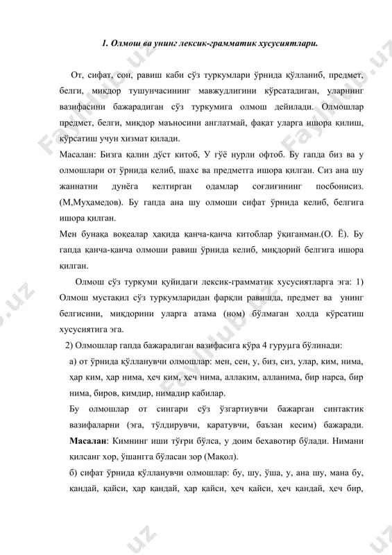 р, баъзи бир кабилар. бу олмошлар сифат сингари отга боғланиб, белгига ишора қилади, гапда асосан, сифатловчи-аниқловчи вазифасини (баъзан кесим) бажаради. масалан: унинг юзида ҳеч қандай малол аломати кўринмас, аксинча, ҳар кунгидан хуррамроқ эди. (а.қаҳҳор). умидимиз - шу. в) 1) сон ўрнида қўлланувчи олмошлар: неча, нечта, нечанчи, қанча, бир неча, бир қанча, қанчадир кабилар. бу олмошлар сон сингари отга боғланиб, миқдорий белгига ишора қилади, гапда асосан, сифатловчи-аниқловчи вазифасини (баъзан кесим) бажариб келади. масалан: арава бормиди? – деди ўрмонжон каттакон рўмоли билан юзини, бўйнини артиб. –нечта арава борди? (а.қаҳҳор.) хон жанобларидан сўрайдиган бир неча тилакларим бор. (а.қодирий.) ёшингиз нечада? 2) равиш ўрнида қўлланувчи олмошлар: қаерга, қаерда, қаердан, қачон, ҳар қанча, ҳеч қанча, нега, қалай, қани кабилар. бу олмошлар равиш сингари феълга боғланиб, белгига ишора қилади, гапда асосан, ҳол, (баъзан кесим) вазифасини бажаради. масалан: отабек тасдиқ ишорасини бергач, негадир бир энтикиб қўйди. (а.қодирий.) бола қалай экан? оёқ- қўли чаққонми? (п.п.) 3) олмошларнинг морфологик …