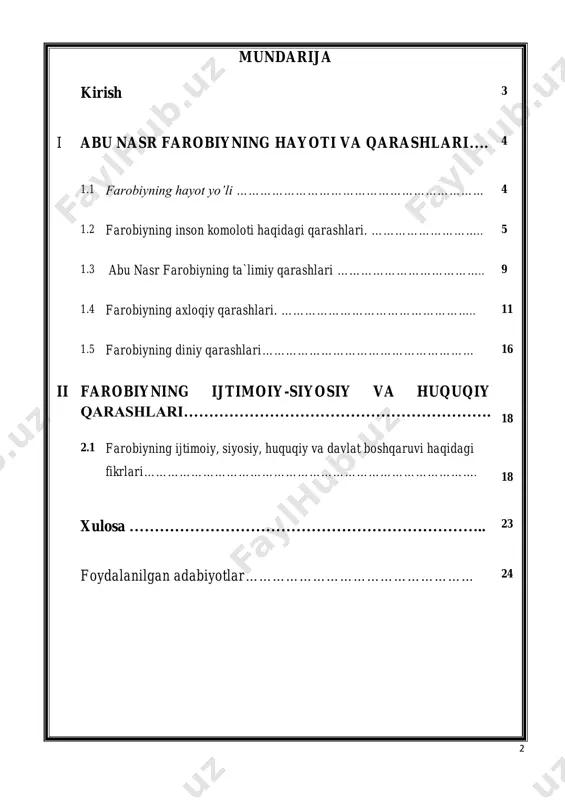 ining asosiy vositalari va yo`llarini ilmiy asosda bayon etib bergan. mavzuning maqsadi va vazifasi: farobiy siymosini to’laligicha yoshlar qalbida, ongida gavdalantirish, uning buyuk xizmatlaridan xabardor qilish, uning timsolida inson o’z hayotini, o’zi uchun ham, butun jamiyat uchun ham foydali bo’lgan ishlarga bag’ishlashi, buning uchun u, avvalo, kasb-hunar o’rganishi, ma’rifatli, fazilatli bo’lishi kerakligini o’rgatish. ushbu maqsadni amalga oshirish maqsadida quyidagi vazifalarni yechish masalalari qo’yiladi: farobiyning hayoti va ijodiy merosi bilan tanishish uning inson komoloti va unga yetuvchi xislatlar haqida ta’limiy axloqiy diniy ijtimoiy , huquqiy, siyosiy, va davlat boshqaruvi haqidagi qarashlarini o’rganishni tahlil qilish. ishning metodologik asosi: o’zbekiston respublikasi uzluksiz ta’lim tizimining mazmunini belgilab beruvchi me’yoriy hujjatlar, xususan, o’zbekiston respublikasining «ta’lim to’g’risida» gi qonuni 4 «kadrlar tayyorlash milliy dasturi», o’zbekiston respublikasi vazirlar mahkamasi, oliy va o’rta maxsus xalq ta’limi vazirliklari tomonidan qabul qilingan qarorlar, me’yoriy hujjatlar; pedagogika oid nazariyalar va konsepsiyalar, shuningdek, respublikamiz olimlarining qarashlari; o’zbekiston respublikasi prezidenti i.a. karimov tomonidan …