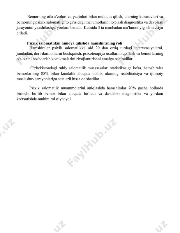 yatini, uyqu rejimini va ishtahasini muntazam baholash, shuningdek, o'z joniga qasd qilish fikrlari borligini aniqlash uchun standartlashtirilgan shkalalardan (masalan, phq-9, gad-7) foydalanish muhim ahamiyatga ega. bemorning oila a'zolari va yaqinlari bilan muloqot qilish, ularning kuzatuvlari va bemorning psixik salomatligi to'g'risidagi ma'lumotlarini to'plash diagnostika va davolash jarayonini yaxshilashga yordam beradi. kamida 3 ta manbadan ma'lumot yig'ish tavsiya etiladi. psixik salomatlikni himoya qilishda hamshiraning roli hamshiralar psixik salomatlikka oid 20 dan ortiq turdagi intervensiyalarni, jumladan, dori-darmonlarni boshqarish, psixoterapiya usullarini qo'llash va bemorlarning o'z-o'zini boshqarish ko'nikmalarini rivojlantirishni amalga oshiradilar. o'zbekistondagi ruhiy salomatlik muassasalari statistikasiga ko'ra, hamshiralar bemorlarning 85% bilan kundalik aloqada bo'lib, ularning reabilitatsiya va ijtimoiy moslashuv jarayonlariga sezilarli hissa qo'shadilar. psixik salomatlik muammolarini aniqlashda hamshiralar 70% gacha hollarda birinchi boʻlib bemor bilan aloqada boʻladi va dastlabki diagnostika va yordam koʻrsatishda muhim rol oʻynaydi. 📌xulosa hamshiralarning ruhiy salomatlikni himoya qilishdagi roli beqiyosdir. ularning profilaktika, davolash va reabilitatsiyada faol ishtiroki bemorlarning sog'lig'ini yaxshilash va …