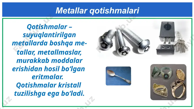alar qattiq va yumshoq, qiyin va oson suyuqla­nuvchi, ishqor va kislotalar ta’siriga chidamli turlarga bo‘linadi. i9 presentation to joe smith ‹#› laboratoriya ishi №5. jadvalni to‘ldiring qotishma nomi tarkibi xossasi qo‘llanilishi bronza latun dyuralyumin cho‘yan po‘lat melxior i9 presentation to joe smith ‹#› qotishma nomi tarkibi xossasi qo‘llanilishi bronza mis va qalay(20%) yaxshi mashinasozlik, quyiladi badiiy quymachilik latun mis va 10-50% rux qovushqoqlik uskunalar, maishiy predmetlar dyuralyumin 95% alyuminiy, magniy, mustahkam, samolyotsozlik-mashinasozlik mis, marganes engil cho ‘yan temir, uglerod 1,7-4,3%, yumshoq, mashinasozlik kremniy 4% gacha, mo‘rt marganes !,5% qattiq po‘lat temir, 2% uglerod, mustahkam, mashinasozlik - marganes, korroziyaga instrumentlari oltingugurt chidamli melxior 80% mis, 20% nikel qovushqoqlik oshxona anjomlri, badiiy mollar i9 presentation to joe smith ‹#› qotishmalar xossalari metall yaltiroqligi elektr va issiqlik o‘tkazuvchanlik mustahkamlik qattiqlik korroziyaga chidamlilik ishlatishga chidamlilik i9 presentation to joe smith ‹#› masala mis va ruxdan iborat 60 gr qotishmaga ortiqcha miqdorda xlorid kislota ta’sirlashganda …