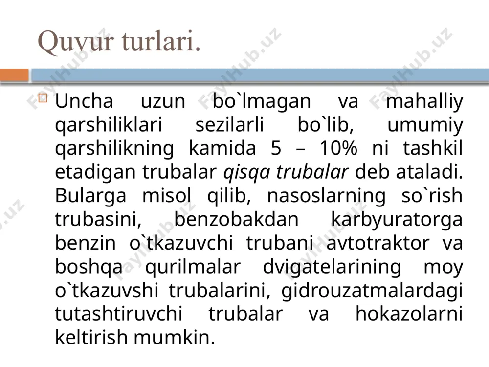 5-rasmda eng tejamli diametr uchun d5 ni olish kerak). trubaning diametri d topilgandan keyin, q va l ma'lum bo`lgan holda bosimni topish qiyin emas. yuqorida ko`rsatilgan usul juda murakkab va qiyin bo`lgani uchun undan odatda katta va murakkab truba sistemalarini loyhalashda foydalaniladi. trubaning tejamli diametrini topish haqida tushunсha tejamli qulay diametirni hisoblashga oid chizma. ba'zi hollarda taqribiy hisoblash uchun sodda formulardan ham foydalanish mumkin. trubadagi bosimning katta-kichikligiga qarab turli materiallardan qilingan tru­balar ishlatish mumkin. sifon truba bir qismi suyuqlik bilan ta'minlovchi idishdan yuqorida joylashgan sodda truba sifon truba deb ataladi. sifonni sodalashtirib ikki (ta'minlovchi va qabul qiluvchi) idishlarni tutashtiruvchi u ko`rinishdagi truba sifatida tasvirlash mumkin. bu holda uning egilgan qismi idishlardagi suyuqli sathlaridan h balanlikda bo`lib, undagi suyuqlik idishdagi suyuqliklar sathlarining farqi h hisobiga oqib turadi. trubalarni ketma-ket va prallel ulash ketma-ket va parallel ulangan trubalarni hisoblash sodda trubalarni hisob­lashga qaraganda murakkab bo`lib, u qaysi tartibda ulanganiga bog`liq. shuning uchun …