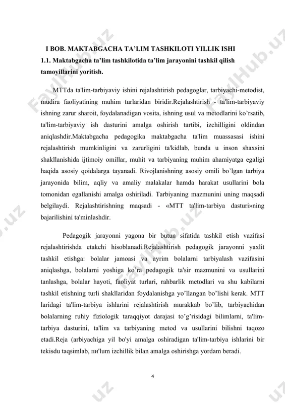 an ta’lim-tarbiya ishlariga oldindan puxta tayyorgarlik ko’rish metod va usullarni yaxshilab o’ylab olish, kerakli material va jihozlarni tayyorlash imkonini yaratadi. tarbiyachi rejalashtirgan hamma ishlar har bir bolaning har tomonlama rivojlanishini ta'minlashi lozim. shu bilan birga reja qotib qolgan narsa bo’lmay, vaziyatdan kelib chiqib, unga o’zgarishlar kiritish mumkin.shuning uchun mttda bir-birini to’ldiradigan bir necha xil reja tuziladi: mttning yillik rejasi, istiqbol rejasi va tarbiyachining kalendar rejasi. yillik reja asosan mtt mudirasi, metodist tarbiyachi tomonidan tuzilib, bolalar muassasasida amalga oshiriladigan barcha ishlarni o’z ichiga oladi. lstiqbol rejasi 1-3 oyga mo'ljallangan bo’lib, undan ko’zlangan asosiy maqsad bolalar bilan olib boriladigan ta'lim-tarbiya ishlarini tartibga solish va uning ma'lum maksadga qaratilgan va samarali bo’lishini ta'minlashdir. unda « mtt da ta'lim- tarbiya dasturi»ning hamma bo’limllari o’z aksini topadi.lstiqbol rejasida dasturning hamma bo’limlari bo’yicha amalga oshirilishi lozim bo’lgan ta'lim-tarbiya ishlari tizimi bolalar faoliyatining hamma turlarida anik mavzular buyicha belgilab chiqiladi.kalendar reja 10-12 kunga tuziladi kun davomida amalga …