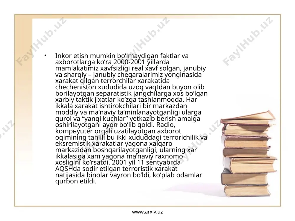 an biri bo’ldi. respublikamiz prezdentining mazkur anjumandagi nutki aniq takliflari va muloxazalari bilan yig’ilganlar bilan e’tiborini qozondi. ayniqsa, terrorizmga qarshi kurash bo’yicha xalqaro markaz tashkil etish borasidagi taklifi ko’plab davlatlar tomonidan qo’llab-kuvvatlandi va 2001 yil 11 sentyabrьdagi aqsh ga qilingan terroristik xuruj bu fikrni yana bir bor isbotladi. mdx doirasidagi ana shunday terrorizmga qarshi markazning ta’sis etilishiga xam o’zbekiston raxbariyatining taklifi sabab bo’ldi. umuman, o’zbekiston jaxon xalqaro tashkilotlarining ixtisoslashgan, iqtisodiy madaniy va boshqa tashkilotlari bo’limlarida faol ishtirok etib mintaqaviy va dunyo barqarorligini saqlashda yurtboshimiz tomonidan ibratli ishlar amalga oshirilmoqda. www.arxiv.uz www.arxiv.uz mamlakatimiz o’z mustaqilligini qo’lga kiritgandan keyin tarixan qisqa vaqt ichida iqtisodiy ijtimoiy - siyosiy va ma’naviy - ma’rifiy soxalarda juda katta yutuklar qo’lga kiritildi. prezidentimiz 1992 yildayok: “oldin odamlarga moddiy boylik berish, so’ngra ma’naviyat to’g’risida o’ylash kerak, deganlar xaq bulmasalar kerak. ma’naviyat – insonning xalqning, jamiyatning, davlatning kuch-qudratidir” - deb ta’kidlagan edi. www.arxiv.uz www.arxiv.uz ana shu ko’rsatmaga muvofik ma’naviyatni …