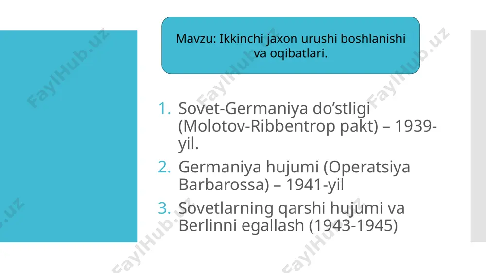 ovet ittifoqi ham 17-sentabrda sharqdan polshaga bostirib kirdi va mamlakatni ikki qismga bo’ldi. 1. sovet-germaniya do’stligi (molotov-ribbentrop pakt) – 1939-yil 1941-yil 22-iyunda germaniya sovet ittifoqiga qarshi “operatsiya barbarossa”ni amalga oshirdi, bu germaniyaning katta miqyosdagi hujumi bo’lib, sovet ittifoqining ichki hududlariga qadar kirib bordi germaniya sovet ittifoqini tezda ishg’ol qilishni maqsad qilgan edi, ammo bu hujum sovetlar tomonidan qat’iy qarshi turish va ulkan qarshilik ko’rsatish natijasida muvaffaqiyatsizlikka uchradi 2. germaniya hujumi (operatsiya barbarossa) – 1941-yil stalingrad, kursk, leningrad va boshqa ko’plab janglar sovetlarning qahramonona qarshilik ko’rsatishi bilan yodda qoladi. stalingrad jangida (1942-1943) germaniyaning 6-armiyasi mag’lub bo’lib, bu urushning muhim burilish nuqtasiga aylandi. operatsiya barbarossa — bu 1941-yil 22-iyunda germaniya tomonidan sovet ittifoqiga qarshi boshlangan harbiy hujum operatsiyasi bo‘lib, ikkinchi jahon urushining eng muhim va eng katta quruqlikdagi operatsiyalaridan biridir. asosiy maqsadi: germaniya bu operatsiyani sovet ittifoqini tor-mor qilish va unga qarshi ikkinchi front ochish, shuningdek, uchinchi reyx uchun yangi yashash maydonlari …