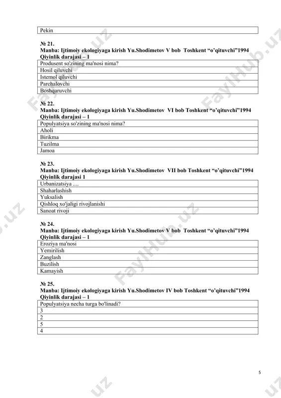 jdodlarimiz .... vujudga kelgan 5-8 mln yil avval 7-9 mln yil avval 4 mln yil avval 3 mln yil avval № 40. manba: ijtimoiy ekologiyaga kirish yu.shodimetov iv bob toshkent “o’qituvchi”1994 qiyinlik darajasi – 2 insoniyat ijtimoiy- ekologik aloqalarining asosiy rivojlanish jarayonlari .... 2 ta 3 ta 4 ta 5 ta № 41. manba: ijtimoiy ekologiyaga kirish yu.shodimetov vii bob toshkent “o’qituvchi”1994 qiyinlik darajasi – 2 texnogen bosqich qachondan boshlangan? xx asrning 50- yillarida xix asrning 50- yillarida xx asr oxiri xxi asr boshlari № 42. manba: ijtimoiy ekologiyaga kirish yu.shodimetov v bob toshkent “o’qituvchi”1994 qiyinlik darajasi – 2 aholi sonining ortishi ochlik va halokatga olib keladi degan fikrni dastlab kim ta'kidlagan? t.maltus ch elton d.toro e. gekkel № 43. manba: ijtimoiy ekologiyaga kirish yu.shodimetov iv bob toshkent “o’qituvchi”1994 qiyinlik darajasi – 2 ijtimoiy ekologiyaning asosiy qonuni qaysi? noosferaning to'lqinsimon rivojlanishi tendensiyasi qonuni b. kommoner qonuni tabiiy muhit holati va …