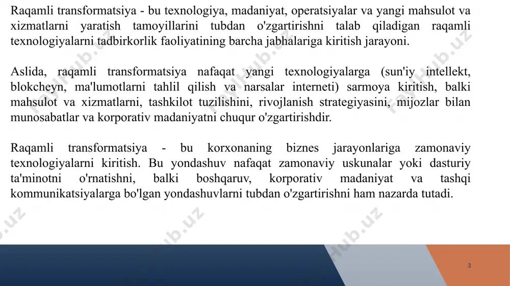 sezilarli darajada oshirishni talab qiladi. “aqlli”ishlab chiqarish tushunchasi allaqachon transport, aviatsiya ishlab chiqarish, raketa va kosmik sanoat korxonalarida joriy etilmoqda. © presentationgo.com by: .com mckinsey 2030 yilga kelib sotilgan barcha transport vositalarining 15% uchuvchisiz tizim bilan ta'minlanishini taxmin qilmoqda. a.t.kerni 2030 yilga kelib o'zini o'zi boshqaradigan avtomobillar va tegishli xizmatlar bozori 282 milliard dollarga yetishi kutilmoqda. nissan hisob-kitoblariga ko'ra, o'zini o'zi boshqarish vositalarini rivojlantirish evropada yillik yaim o'sish sur'atiga har yili 0,15% qo'shadi va 2050 yilga kelib evropa ittifoqi iqtisodiyotiga 17 trillion evroni olib keladi © presentationgo.com by: .com 10 crm - tranzaktsiyalar haqidagi to'liq ma'lumotlarni saqlaydi, menejerga vazifalarni topshirish va ularning bajarilish jarayonini kuzatish, alohida xodimlarning samaradorligini baholash imkonini beradi;virtual ats - qo'ng'iroq haqidagi ma'lumotlarni avtomatik tarzda yozib oladi (qabul qilingan / o'tkazib yuborilgan, ular qaysi raqamdan qo'ng'iroq qilgan, qo'ng'iroqni kim qabul qilgan, qo'ng'iroq davomiyligi), bu chaqiruv markazining so'rovlarni qanday ishlashini boshqarishga yordam beradi; colltreking- ma'lumotlarni to'playdi, lekin ularni …