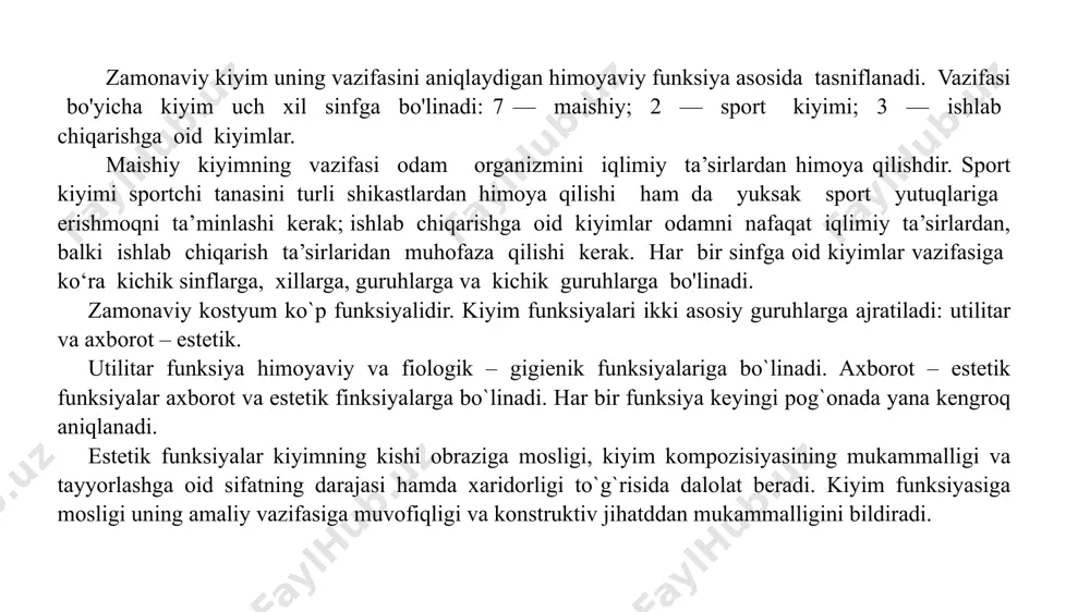 yeng avvalo uning bichimi (siluet) belgilaydi. sanoat sharoitida kiyim loyihalashda unga qo'yiladigan muayyan talablalar hisobga olinadi. bu talablar ikki guruxga birlashtirilgan: iste’molchi-talablari va sanoat iqtisodiy jixatdan talablar. iste’molchi talablariga funktsional, estetik, konstruktiv-ergonomik va boshqa ko'rsatkichlar kiradi. f u n k ts i o n a l talablar kiyimni vazifasiga va kiyib yuboriladigan sharoitga mosligi va qulayligini, shaklini saklanishi va x.k. bildiradi. e s t e t i k ko'rsatkichlar sanoat rivojlanishining hozirgi bosqichida kiyimning yuksak badiiy darajsi, uning sifati etakchi mezonligini e’tiborga olib uning shaklining yaqqol ko'zga tashlanish, uning gazlama bilan bog’liqligi va tanlangan ranglari va x.k. nuqtai nazaridan moda talablariga muvofiqlik darajasini aniqlaydi. k o n s t r u k t i v n o – e r g o n o m i k ko'rsatkichlar kiyim odam qomatiga va uni kiyish sharoitiga, statika va dinamikada uning ayrim (antrometrik) xarakteristikalariga, psixo-fiziologik o’ziga xos xususiyatlariga mosligini hamda gigienik va …