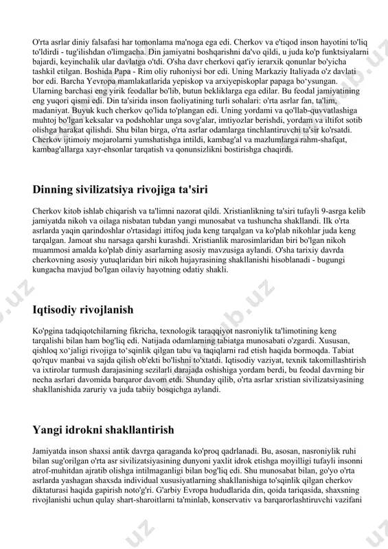 vaqti-vaqti bilan kitob yozishni biladigan va bunga vaqtlari bo'lgan savodli odamlar bor edi. · qirollik sudi. u bir joydan ikkinchi joyga ko'chib o'tdi va oddiy mulk misolida boshqaruv va hayotni tashkil qildi. davlat tuzilishi u ikki bosqichda shakllangan. birinchisi, rim va germaniya o'zgartirilgan davlat institutlarining, shuningdek, "varvar qirolliklari" shaklidagi siyosiy tuzilmalarning birga yashashi bilan tavsiflanadi. 2-bosqichda davlat va maxsus tizimni ifodalaydi. ijtimoiy tabaqalanish va er zodagonlari ta'sirining kuchayishi jarayonida yer egalari - aholi va keksalar o'rtasida bo'ysunish va hukmronlik munosabatlari vujudga keldi. o'rta asrlar davri alohida ijtimoiy guruhlarga bo'lgan ehtiyojdan kelib chiqadigan sinfiy-korporativ tuzilmaning mavjudligi bilan ajralib turardi. unga eng muhim rol aholini feodal ozodlikdan va tashqi tahdidlardan himoya qilishni ta'minladi. shu bilan birga, davlat xalqning asosiy ekspluatatorlaridan biri sifatida harakat qildi, chunki u, birinchi navbatda, hukmron sinflarning manfaatlarini ifodalaydi. ikkinchi davr ilk o'rta asrlar tugagandan so'ng, jamiyat evolyutsiyasida sezilarli tezlashuv kuzatildi. bunday faoliyat pul munosabatlari va tovar ishlab chiqarish …