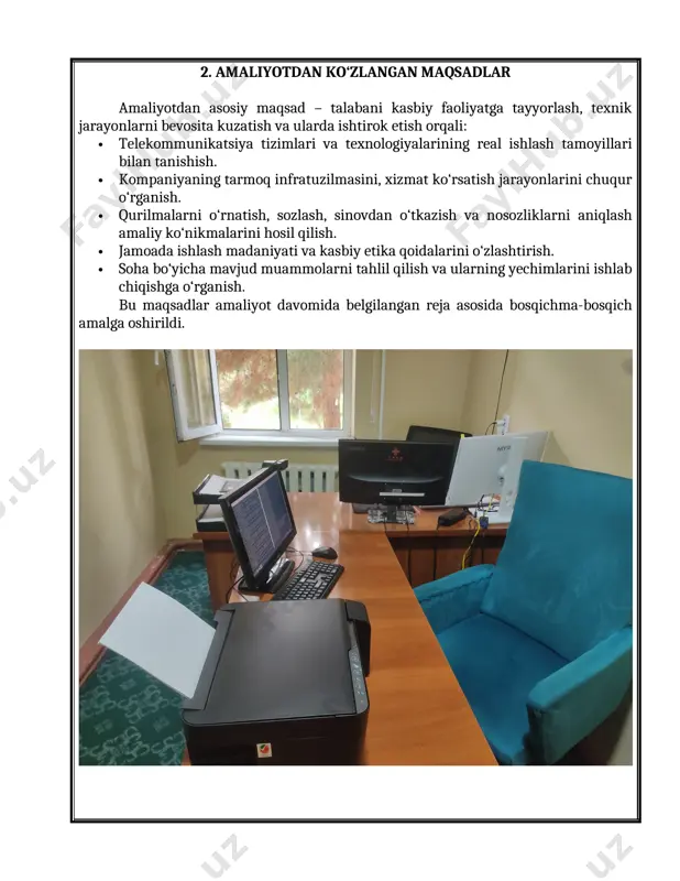 at ko‘rsatish va abonentlar bilan ishlash tajribasiga ega bo‘ldim; · amaliy ko‘nikmalarimni mustahkamlab, jamoa bilan ishlash madaniyatini shakllantirdim. ushbu amaliyot mening kelajakdagi kasbiy yo‘nalishimni aniq belgilab olishimga yordam berdi. shuningdek, olgan bilim va tajribalarim universitetdagi o‘qishlarimni chuqurroq anglashga xizmat qiladi. amaliyot yakunida men o‘z sohamda ishlashga tayyor bo‘lgan kadr sifatida shakllanayotganimni his etdim. takliflarim: · amaliyotni ishlab chiqarish korxonalarida yanada ko‘proq amaliy topshiriqlar bilan boyitish zarur. · talabalarni ilg‘or texnologiyalarga oid seminarlarga jalb qilish foydali bo‘ladi. · amaliyot rahbarlari tomonidan o‘tkaziladigan mahorat darslari sonini ko‘paytirish foydali bo‘lardi. 6. ilovalar 6.1. qurilma konfiguratsiyasi qurilma: mikrotik router vazifa: abonent uchun internetga chiqish konfiguratsiyasi (pppoe orqali) /interface pppoe-client add name=pppoe-out1 interface=ether1 user=ergashev password=******** disabled=no add-default-route=yes use-peer-dns=yes /ip firewall nat add chain=srcnat action=masquerade out-interface=pppoe-out1 /ip address add address=192.168.88.1/24 interface=ether2 /ip pool add name=local-pool ranges=192.168.88.10-192.168.88.100 /ip dhcp-server add name=dhcp1 address-pool=local-pool interface=ether2 /ip dhcp-server network add address=192.168.88.0/24 gateway=192.168.88.1 dns-server=8.8.8.8 6.2. optik aloqa tarmog‘i diagrammasi (oddiylashtirilgan) [internet …
