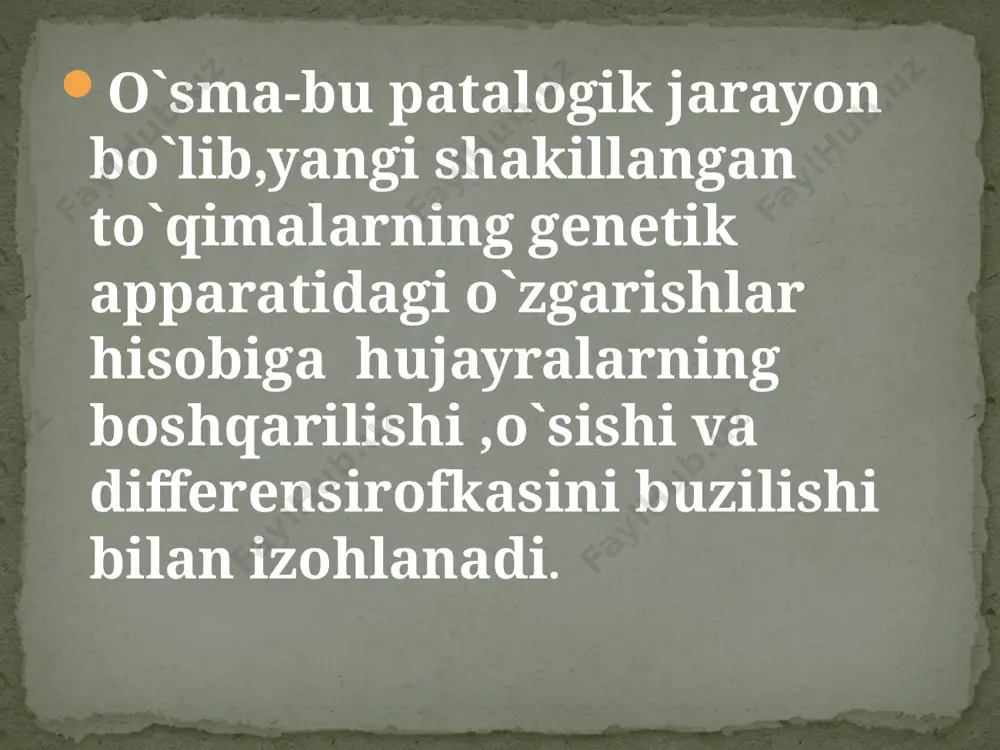 lgan xavfli o`sma fibrosarkoma-fibroz to`qimadan h.b xavfli o`sma miosarkoma –mushak to`qimasidan h.b xavfli o`sma leyomiosarkoma-silliq muskuldan h.b xavfli o`sma rabdomiosarkoma-ko`ndalang targ`il mushakdan x.b xavfli o`sma teratoma-2-3 embrional varaqlardan ,germinogen epiteliydan hosil bo`luvch xavfsiz o`smalar: ularga to`qima atipizmi hosdir ekspansiv va asta sekin o`sadi,ko`pincha kapsula bilan o`ralgan bo`ladi o`smaning parehimatoz hujayralari tuzilishi jihatidandastlabki hujayradan farq qilmaydi o`smaning organizmga tasiri uning qayerda joylashganiga bog`liq xavfli va xavfsiz o`smlar hususiyatlari xavfli o`smalar tuzilishi jihatidan dastlabki to`qimadan farq qiladi.yetilmagan hujayralardan tshkil topgan bo`ladi ular uchun to`qima atipizmi bilan birga hujayra atipizmi ham hos tevarak atrofga kirib yoyilib o`sib boradi.atrofdagi to`qima aynishiga ,destruksiyasiga sabab bo`ladi (infiltirlovchi o`sish) residivlanish,metaztazlanish,implantatsiyalanish hoz organizm umumiy holatiga tasir qilib organizm o`limiga sabab bo`ladi metastatik kaskad тухумдонни катталашган кистоз тератомаси. эътиборлиси ўсма тўқимасида сочлар, ёғ моддаси ва тишга ўхшаш моддалар мавжуд. ракни жигарга метастазлари 1.organonospetsefik epitelial o`smalar 2.o`smalar(ekzo va endokrin bezlar.epitelial qoplamalar, o`smalari) 3.mezenximal o`smalar(biriktiruvchi to`qima,tog`ay,mushak,suyak,tomir o`smalari) 4.melanin hosil qiluvchi o`smalar …