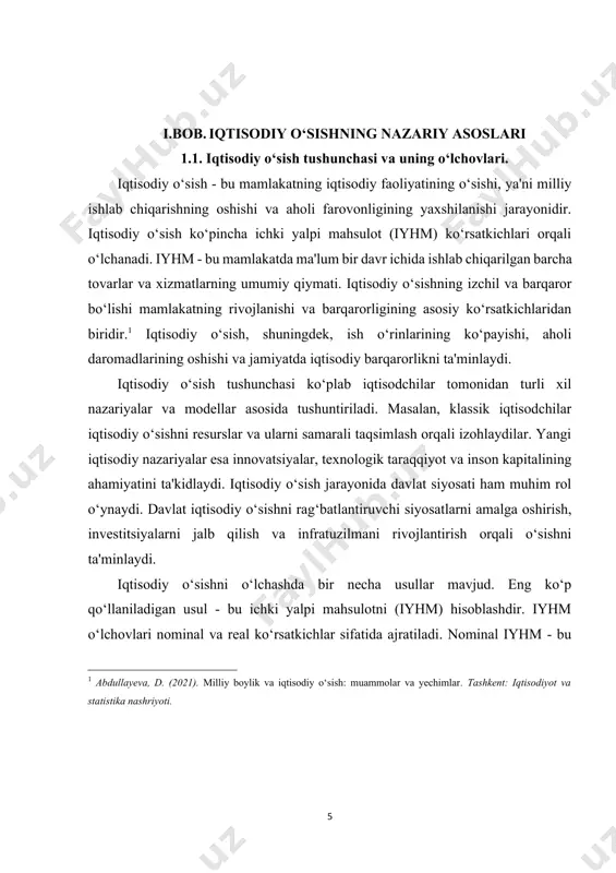 siyani hisobga olmasdan, dollar yoki boshqa valyutalarda ko‘rsatilgan ishlab chiqarish qiymati. real iyhm esa inflyatsiyani hisobga olgan holda hisoblanadi va vaqt o‘tishi bilan iqtisodiy o‘sishni taqqoslashda yanada aniqroq natijalarni beradi. real iyhm o‘sishi iqtisodiy o‘sishni o‘lchashda eng asosiy ko‘rsatkich hisoblanadi. shuningdek, iqtisodiy o‘sishni o‘lchashda boshqa ko‘rsatkichlar ham qo‘llaniladi. ular orasida ish o‘rinlari sonining o‘sishi, aholi daromadlarining oshishi, eksport va import ko‘rsatkichlari, investitsiyalar hajmi va boshqa ijtimoiy-iqtisodiy ko‘rsatkichlar mavjud. bu ko‘rsatkichlar iqtisodiy o‘sishni baholashda yordam beradi va mamlakatning iqtisodiy salohiyatini aniqlashda muhim ahamiyatga ega. iqtisodiy o‘sishning ijtimoiy-iqtisodiy ta'siri ham muhimdir. o‘sish jarayoni aholi farovonligini oshirish, ish o‘rinlari yaratish va ijtimoiy infratuzilmani rivojlantirishga yordam beradi. biroq, iqtisodiy o‘sishini faqat raqamlar asosida baholash yetarli emas. o‘sish jarayonida ijtimoiy adolat, ekologik barqarorlik va iqtisodiy tenglik kabi masalalar ham e'tiborga olinishi lozim. iqtisodiy o‘sish va uning ijtimoiy ta'siri o‘rtasidagi muvozanatni ta'minlash, rivojlanayotgan mamlakatlar uchun muhim vazifa hisoblanadi. iqtisodiy o‘sishning barqaror va izchil bo‘lishi uchun davlat …