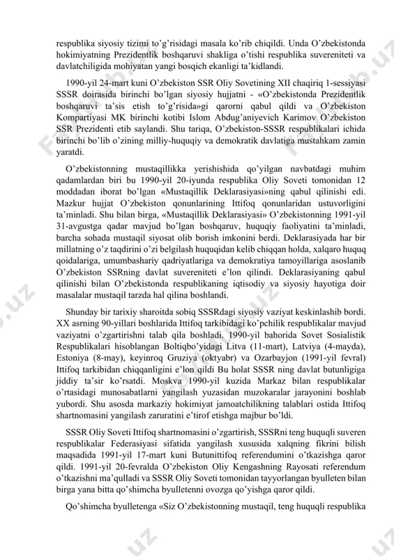 azila boshlandi, uni o’rganishni yaxshilash yuzasidan aniq chora-tadbirlar belgilandi. ayni vaqtda rus tilini va respublikada yashovchi boshqa xalqlarning tillarini o’rganish uchun shart-sharoitlar yaratilishi lozim edi, tilni o’rganishning ixtiyoriyligi va uni tanlash huquqi qonunda belgilab qo’yildi. bu qonunning qabul qilinishi o’zbek xalqi, shu xalq milliy o’z-o’zini anglashining o’sishi, respublikada millatlararo hamjihatlikning saqlanib qolishi uchun juda katta ahamiyatga ega bo’ldi. davlat tili haqidagi qonun qabul qilinganidan so’ng milliy o’zlikni anglash, milliy davlatchilikni tiklash yo’lida respublikada yana bir tarixiy ahamiyatga ega bo’lgan muhim siyosiy qadam qo’yildi. 1990-yil 23-martda o’zbekiston kompartiyasi markaziy komitetining plenumida respublika siyosiy tizimi to’g’risidagi masala ko’rib chiqildi. unda o’zbekistonda hokimiyatning prezidentlik boshqaruvi shakliga o’tishi respublika suvereniteti va davlatchiligida mohiyatan yangi bosqich ekanligi ta’kidlandi. 1990-yil 24-mart kuni o’zbekiston ssr oliy sovetining xii chaqiriq 1-sessiyasi sssr doirasida birinchi bo’lgan siyosiy hujjatni - «o’zbekistonda prezidentlik boshqaruvi ta’sis etish to’g’risida»gi qarorni qabul qildi va o’zbekiston kompartiyasi mk birinchi kotibi islom abdug’aniyevich karimov o’zbekiston ssr …