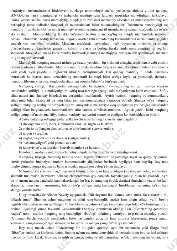 hiqarish jarayonlari va usullari haqidagi bilimlarning jami, shuning uchun moddiy bo‘lmagan narsa o‘rnatilmaydi, balki joriy etiladi yoki texnika so‘zi bilan almashtirish kerak). 4. nutqda so‘zni o‘z o‘rniga qo‘yib gap tuzolmaslik, gap tartibining buzilishi natijasida: yaqindagina nashriyotdan chiqqan adibimizning yangi asarlar to‘plami keng jamoatchilikka manzur bo‘ldi. 5. so‘zning noo‘rin tanlanishi natijasida: rejissyor bir qator umidli sahna ustalarini kashf etdi. 6. bir sinonimik qatorni tashkil qilgan so‘zlarning barchasi ham boshqa so‘zlar bilan sintagmatik munosabat tashkil qilolmaydi. puxta, pishiq, mustahkam sinonimlari bino so‘zi bilan sintagmatik munosabat tashkil qiladi, yigit so‘zi esa pishiq va chidamli so‘zlari bilan sintagmatik aloqaga kirishadi. aniqlik sifati badiiy nutqda o‘ziga xos tarzda namoyon bo‘ladi, chunki badiiy asar badiiy tafakkur mahsulidir. badiiy nutqda obrazlilik birinchi planda bo‘lganligi uchun so‘z ma’nosidagi siljishlar, ko‘chishlar ko‘p kuzatiladi. so‘z va u ifodalagan predmet o‘rtasidagi mutanosiblik badiiy nutqda ko‘pincha ochiq va to‘g‘ridan-to‘g‘ri bo‘lmaydi. badiiy nutq o‘zining ta’sir etishdan iborat asosiy maqsadiga erishish uchun so‘zning turlicha …
