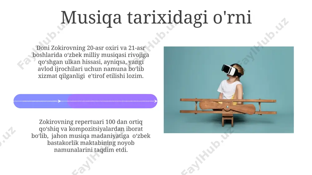 atida yashagan. musiqiy faoliyatining boshlanishi uning dastlabki ijrolari, asosan, an'anaviy o'zbek qo'shiqlari va 1990-yillar boshlarida mashhur bo'lgan estrada janrlarini o'z ichiga olgan. doniyor zokirovning musiqiy faoliyati 1980-yillarning oxirida, u 15 yoshida, mahalliy samarqanddagi musiqa maktabida tahsil olayotganida boshlangan. doniyor zokirovning ijtimoiy faoliyati uning samarqand viloyatidagi 3 ta maktabga kompyuter texnikasi va kitoblar hadya qilganligi haqida 2022-yilgi ommaviy axborot vositalarida ma'lumotlar e'lon qilingan. bu ijtimoiy mas'uliyatning yorqin namunasidir. zokirovning "mehr-oqibat" jamg'armasi orqali 1000 dan ziyod oilaga 2023-yil davomida moddiy yordam ko'rsatilgani va farg'ona vodiysi hududlarida 2 ta yangi kutubxona ochilishiga homiylik qilgani qayd etilgan. e'tiboringiz uchun rahmat @taqdimot_robot image4.jpg image5.jpg image6.jpg image7.jpg image8.jpg image9.jpg image10.jpg image11.jpg image12.jpg image13.jpg image14.jpg image15.jpg image16.jpg image17.jpg image18.jpg image19.jpg image20.jpg image1.jpeg image2.jpeg image3.jpeg