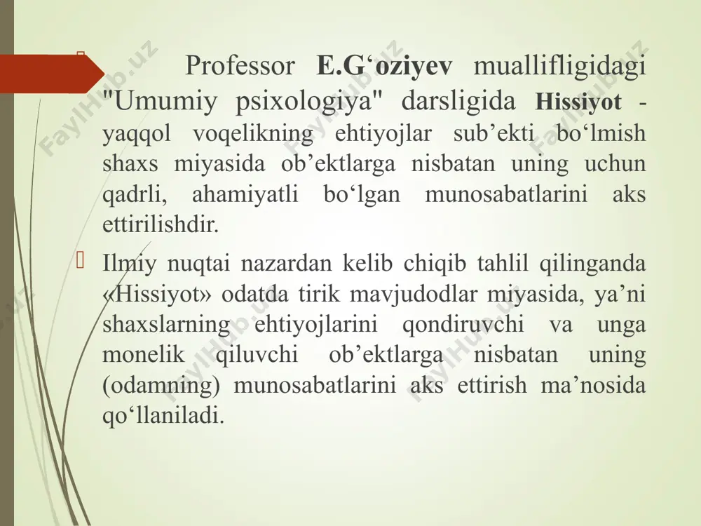 ‘tarilishiga kafolat negizidir. i.p.pavlovning izlanishlariga ko‘ra, tirik mavjudodlarning tabiiy muhitga moslashuvida qat’iylashadigan yoki zaiflashadigan dinamik stereotiplar tufayli hissiy va emotsional kechinmalarning ijobiy yoki salbiy ko‘rinishi vujudga keladi. i.p.pavlovning talqinicha, dinamik stereotip-bu tashqi taassurotlarning ma’lum tarkibda takrorlanishi natijasida hosil qilingan shartli reflekslar ta’siridagi nerv bog‘lanishlarining barqaror tizimidir. tirik mavjudod hayoti va faoliyatida qiyinchiliklarga, qarshiliklarga uchrasa, dinamik stereotip «zaiflashuvi» yuzaga keladi, buning oqibatida salbiy emotsional holatlar, kechinmalar hosil bo‘ladi. his-tuyg‘ular va emotsional holatlar kechishining turli shakllari, ko‘rinishlari nafaqat signal funksiyasini bajaradi, balki ular shaxsning faoliyati, xulq-atvori ustidan boshqaruvchanlik funksiyasini amalga oshiradi. hissiyotning ijobiy va salbiy sifatlaridan tashqari, uning ikkiyoqlamalik (yunoncha amphi ikkiyoqlama vazifa, lotincha valentia «kuch» degan ma’no anglatib keladi) va noaniqlikdan iborat asosiy xislatlari mavjuddir. bu ruhiy holatlarda shaxsda ikkilanish hollari, noaniq tushunish munosabatlari aks etadi, lekin rohatlanish bilan qanoatlanmaslik hislarini bir-biriga qo‘shish mumkin emas. ambivalent (ikkiyoqlama) hissiyotda rohatlanish bilan azoblanish tuyg‘ulari o‘zaro qo‘shilib ketish bilan cheklanibgina qolmasdan, balki uyg‘unlashgan, aralashgan …