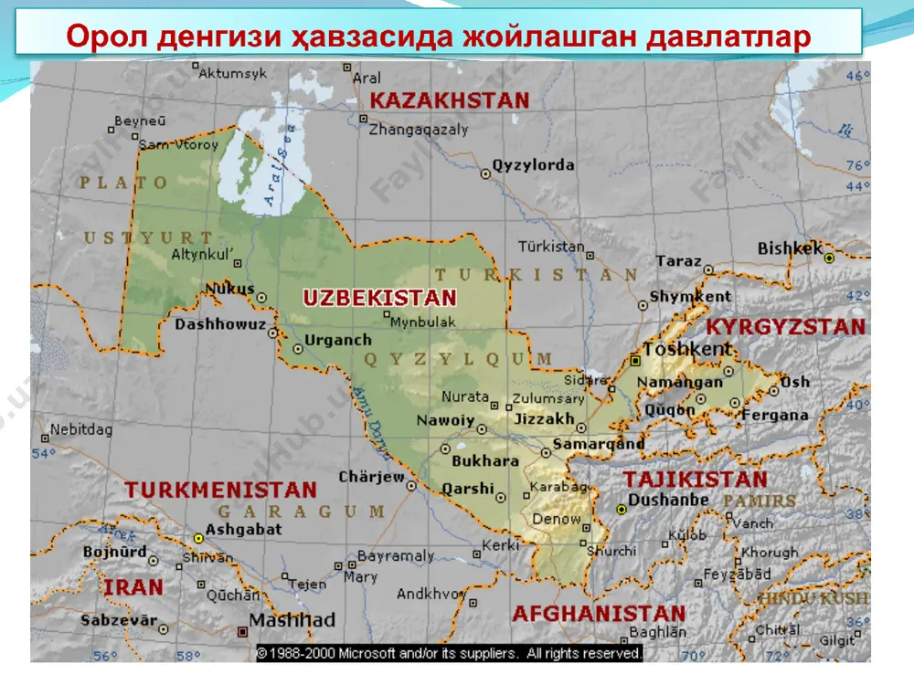 казий осиёнинг 59 та дарёсида 159 та гидрологик постлар мавжуд эди (шундан 46 таси ўзбекистон худудида) эксплуатацион гидрометрия фанини ўрганишнинг аҳамияти эксплуатацион гидрометрияда кўриладиган чора-тадбирлар қўшимча майдонларни сув билан таъминлаш имконини беради. суғориладиган майдонларнинг шўрланишини олдини олади ва суғориладиган ерларда ўсимликларнинг ривожи учун қулай сув режимини яратади. шунинг учун ҳар бир суғориш тизими сувни ростлайдиган ва сув миқдорини ўлчайдиган қурилмалар билан жиҳозланган бўлиши керак. мустақил ишлаш учун топшириқ ўрта осиёда гидрометриянинг ривожланиши. -буюк аллома ахмад ал-фарғонининг гидрология фани ривожига қўшган ҳиссаси. қирғизистон 4,03 км3 11% қозоғистон 12,29 км3 34% ўзбекистон 17,28 км3 48% тожикистон 2,46 км3 7% афғонистон 7,44 км3 9,5% туркманистон 21,73 км3 27,7 % ўзбекистон 38,91 км3 49,7% тожикистон 9,8 км3 12,5% қирғизистон 0,4 км3 0,5%
