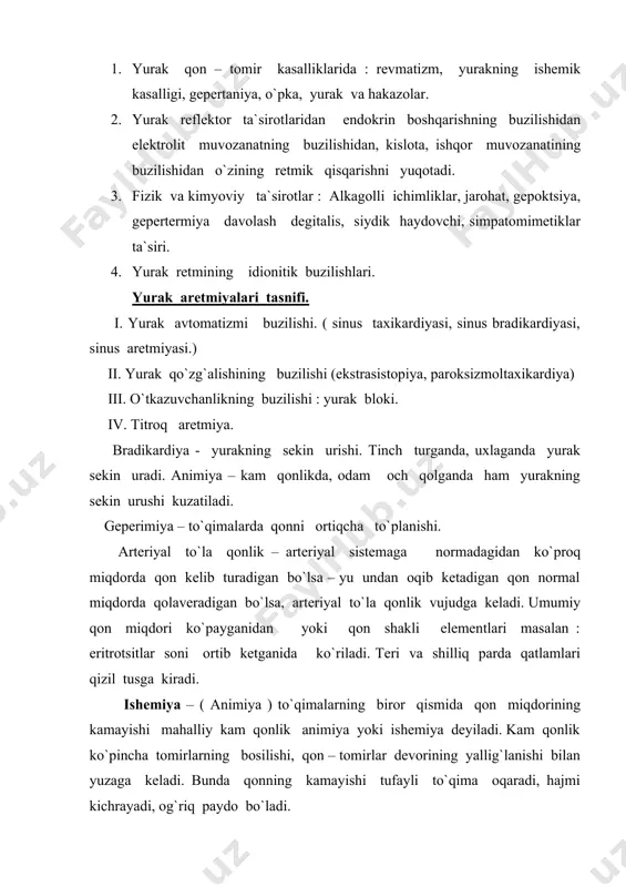 kir yuqumli kasalliklarda (meningit ) polimelitda ko`p uchraydi. staz oqibatida bemor ko`pincha xushidan ketadi. dimlangan staz esa yurak paroklarida uchraydi. stazlar – bosh miya va yurak stazlarida xavflidir. tromboz – qonning qon tomirlar ichida ivib qolishidan xosil bo`lgan qon laxtalari (tromb) tomir devoriga yopishib normal qon oqishining buzilishidan paydo bo`ladi. trombozning organizm uchun ahamiyati trombning joylashishiga nechog`li tez paydo bo`lishiga tarqoqligiga, erish jarayonining nechog`li avj olishiga , bemor yoshiga bog`liq. trombning xosil bo`lish jarayoni asta – sekin ro`y beradi, bu yangidan kengaygan, kallateralar degan nom olgan mayda tomirlar orqali aylanma qon aylanishi paydo bo`lishiga sharoit yaratadi. emboliya – qon oqishi bilan kelgan moddalarning qon tomirlariga tiqilishidan paydo bo`ladi. bu moddalar (embol) qattiq, suyuq, gazsimon bo`ladi. emboliyada qon aylanishi to`satdan bo`ziladi, kallateralar rivojlanishga ulgura olmaydi. natijada to`qimalar yoki a`zolarning shu qismi nekrozga uchraydi. bosh miya va o`pka tomirlari emboliyasi xavfli bo`lib, kishining to`satda o`lib qolishiga sabab bo`lishi mumkin. davosi : konservativ …