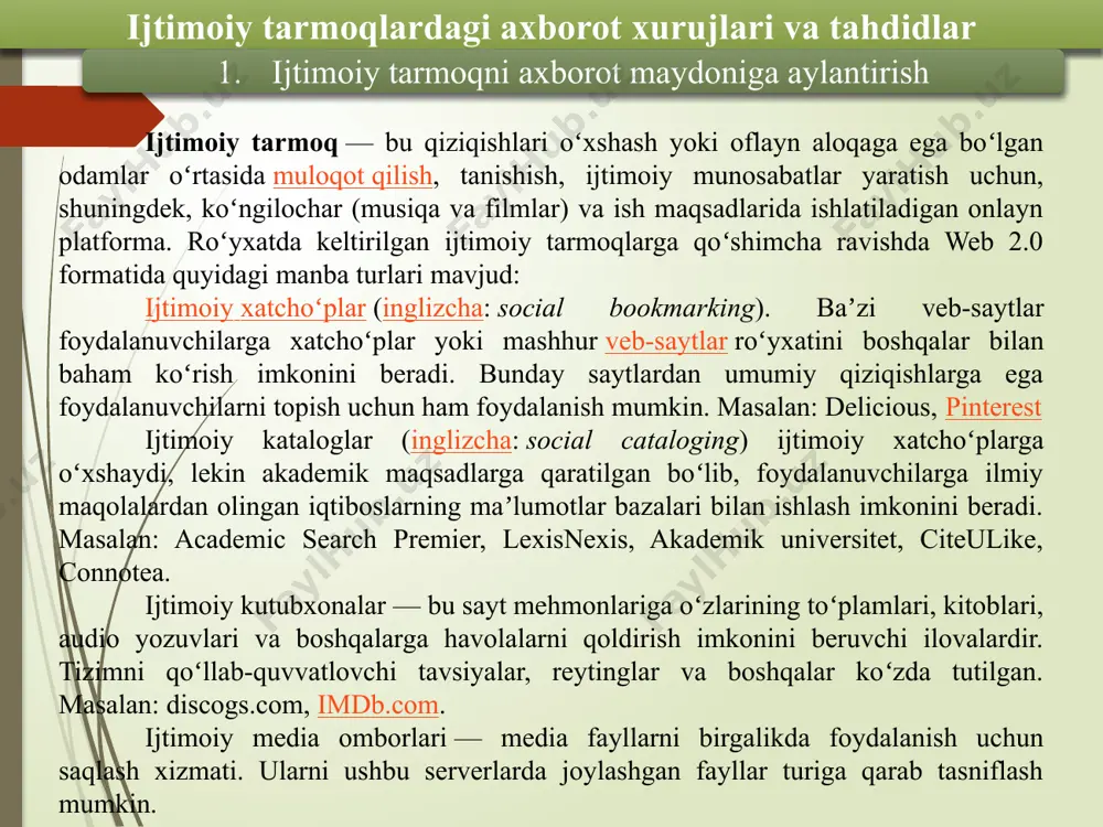 iy tarmoqlar 2006-yildan beri ommalasha boshladi (facebook saytining ruscha versiyasi faqat 2008-yilda paydo boʻlgan). ijtimoiy tarmoqlardagi axborot xurujlari va tahdidlar ijtimoiy tarmoqni axborot maydoniga aylantirish ijtimoiy tarmoqlar kuchli marketing tadqiqotlari vositasidir, chunki foydalanuvchilar oʻzlari, qarashlari, qiziqishlari, didlari va hokazolar haqidagi maʼlumotlarni ixtiyoriy ravishda joylashtiradilar. shundan kelib chiqib, reklama beruvchilar ularning reklamasi qaysi foydalanuvchilarni qiziqishtirishini juda aniq belgilashlari va oʻz reklamalarini profillaridagi maʼlumotlarga (yoshi, jinsi, yashash joyi va boshqalar) qarab aniq foydalanuvchilarga yoʻnaltirishi mumkin. ushbu turdagi reklama maqsadli deb ataladi. ijtimoiy tarmoqlarda reklama bozori barqaror oʻsib bormoqda. 2020-yildagi emarketer maʼlumotlariga koʻra, u 2,500 milliard dollarga yetgan. marketologlar ijtimoiy tarmoqlarda oʻz mahsulotlari va brendlari uchun profil yaratadigan marketing loyihalarining xarajatlarini hisobga oldilar. bundan tashqari, prognozlarda vidjetlar va ilovalarni yaratish xarajatlari birinchi marta hisobga olindi. 2022-yilda ijtimoiy tarmoqlardagi reklamadan tushgan daromad 15 milliard dollardan oshdi. ijtimoiy tarmoqlardagi axborot xurujlari va tahdidlar ijtimoiy tarmoqni axborot maydoniga aylantirish ijtimoiy tarmoqlarda reklamadan foydalanib, siz quyidagi parametrlar …