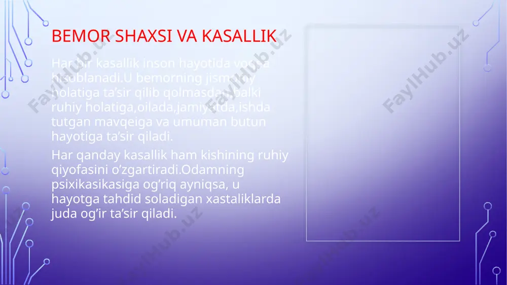 . buzilishlari:illuziyalar va gallutsinatsiyalar shaklida namoyon bo’ladi. diqqat diqqat-subyekt ruhiy faoliyatining hozirgi momentda qandaydir real yoki ideal(anlanayotgan)obyektga yo’naltirilganligidir. buzilishlari:o’ta chalg’uvchanlik,parishonxotirlik yoki bemor suhbatning oxirida hattoki oddiy javob uchun ham fikrlarini jamlay olmay qolishi bilan namoyon bo’ladi. emotsiyalar emotsiyalar-ijobiy(ehtiyojlarning qondirilishi)yoki salbiy (moyilliklar va xohishlarning qondirilmasligi) bo’lishi mumkin bo’lgan hissiyotlardir. buzilishlari: eyforiya-hech qanday sababsiz quvonchli,xotirjam rohatlanish va qoniqish holati bo’lib,bunda bemorga hamma narsa(uning o’zi ham) a’lo darajada,ajoyib va go’zal ko’rinadi. apatiya-atrofda sodir bo’layotgan barcha hodisalar va o’ziga nisbatan befarqlik,e’tiborsizlik holatidir( >). ruhiy salomatligingizga befarq bo’lmang e’tiboringiz uchun rahmat! image2.png /docprops/thumbnail.jpeg