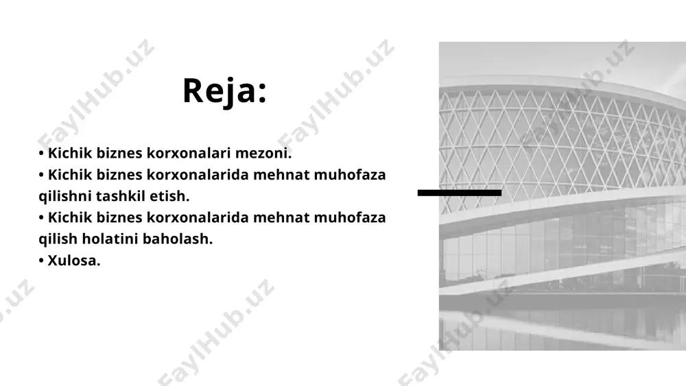 aviy kafolatni amalda roʻyobga chiqarilishiga qaratilgan aniq chora tadbirlar oʻzbekiston respublikasi ning mehnat kodeksida, "mehnatni muhofaza qilish toʻgʻrisida"gi qonun (1993-yil 6-may)da, boshqa bir qator qonunlar va qonun osti normativ hujjatlarida belgilangan. aniqlanadigan korxonalar xodimlar soni (kishi) yillik oborot balans qiymati kichik biznes korxonalari. 50 tagacha 4 mln.ev rogach a 2 mln.evrogacha kichik biznes korxonalari mezoni. miqdoriy ko‘rsatkichlar: xodimlarning soni, sotish hajmi, asosiy kapitalning balans qiymati; sifat ko‘rsatkichlari: ishlab chiqarilayotgan mahsulotlarning nisbatan kichik soni; cheklangan resurslar va quvvatlar, boshqaruvning kamroq rivojlangan tizimlari va boshqalar; yuqoridagi ko‘rsatkichlarning birinchi va ikkinchi guruhlarini birlashtiruvchi kombinatsiyasi. kichik biznesning mezonlarini belgilash zaruriyati kichik korxonalarning davlatning jiddiy yordamiga muhtojligidan kelib chiqadi, bu yordam adresli bo‘lishi va korxonalar faoliyatining belgilangan tomonlarini yaxshilashga yo‘naltirilishi kerak. kichik korxonalarni alohida kategoriyalarga ajratish ular faoliyatini o‘rganish va samaradorlik darajasini tahlil qilish, ularning iqtisodiyot umumiy tizimidagi o‘rni va rolini aniqlash uchun zarur. bozor iqtisodiyotiga asoslangan barcha mamlakatlarda kichik korxonalarni belgilashda quyidagi mezonlardan foydalanadilar: …