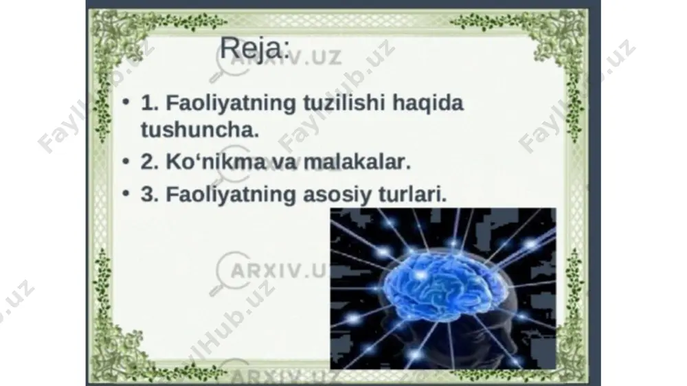 tajribadir. bolalar narsalar bilan rolli qoidali, harakatli, didaktik mazmunli o’yinlarni o’ynaydilar. ta'lim faoliyati ma'lum ravishda tashkil etilgan sharoitda amalga oshiriladi. katta yoshli kishilar bolalarning taraqqiyotiga faol ta'sir etib, ularning ta'lim faoliyatlarini hamda bu faoliyat bilan bog’liq bo’lgan xatti-harakatlarni tashkil qiladilar. bu faoliyat va harakatlarni insoniyat ijtimoiy tajribasini o’rganish tomon yo’naltirishdir. shunday qilib, ta'lim faoliyati katta kishilar tomonidan tashkil qilinib, boshqariladi va tizimli ravishda nazorat qilib boriladi. mehnat faoliyati - ma'lum ijtimoiy foydali, moddiy yoki madaniy, ma'naviy mahsulot ishlab chiqarishga qaratilgan faoliyatdan iborat. kishilarning mehnati ma'lum maqsadga qaratilgan har doim ijtimoiy tabiatga ega bo’ladi. mehnat faoliyatining maqsadi kishilarning iste'mol qilinadigan narsalarni, ya'ni non, mashinalar, turli ishlab chiqarish mahsulotlarini tayyorlash, ya'ni kiyim-kechak oziq-ovqat va boshqa shu kabi narsalarni ishlab chiqarishga qaratilgan bo’lishi mumkin. image1.jpeg image2.jpeg image3.jpeg image4.jpeg image5.jpeg image6.jpeg image7.jpeg image8.jpeg image9.jpeg image10.jpeg image11.jpeg image12.jpeg image13.jpeg image14.jpeg image15.jpeg image16.jpeg image17.jpeg image18.jpeg image19.jpeg image20.jpeg image21.jpeg image22.jpeg image23.jpeg image24.jpeg image25.jpeg image26.jpeg image27.jpeg /docprops/thumbnail.jpeg