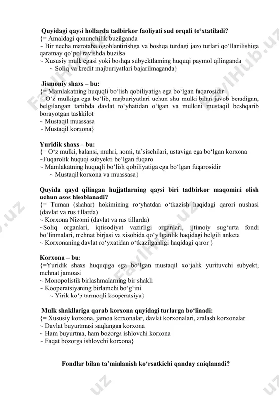 peratsiyaning birlamchi bo‘g‘ini ~ yirik ko‘p tarmoqli kooperatsiya} mulk shakllariga qarab korxona quyidagi turlarga bo‘linadi: {= xususiy korxona, jamoa korxonalar, davlat korxonalari, aralash korxonalar ~ davlat buyurtmasi saqlangan korxona ~ ham buyurtma, ham bozorga ishlovchi korxona ~ faqat bozorga ishlovchi korxona} fondlar bilan ta’minlanish ko‘rsatkichi qanday aniqlanadi? {=asosiy ishlab chiqarish fondlari qiymatini qishloq xo‘jaligiga yaroqli xaydaladigan yerlar maydoniga nisbati. ~asosiy ishlab chiqarish fondlari qiymatini o‘rtacha yillik xodimlar soniga nisbati. ~qishloq xo‘jaligiga yaroqli yoki haydaladigan yerlar maydonini asosiy ishlab chiqarish vositalari qiymatiga nisbati. ~o‘rtacha yillik asosiy va aylanma vositalar qiymatini qishloq xo‘jaligiga yaroqli yerlar maydoniga nisbati} ishlab chiqarish fondlaridan foydalanish samaradorligini ko‘rsatkichlari qaysilar {=foyda meyori. ~fond qaytimi. ~fond bilan qurollanish. ~fond sig‘imi} korxonaning asosiy fondlar bilan ta’minlanganligini aniqlash? {=bir kishiga to’g’ri keladigan fondlar qiymati ~asosiy vositalar qiymatini qishloq xo‘jaligi yerlariga taqsimlab ~1ga yerga to’g’ri keladigan ximiyaviy vositalarni asosiy vositalarga nisbati ~1ga yerga to’g’ri keladigan ximiyaviy vositalar qiymati} asosiy vositalarni eskirishi necha …