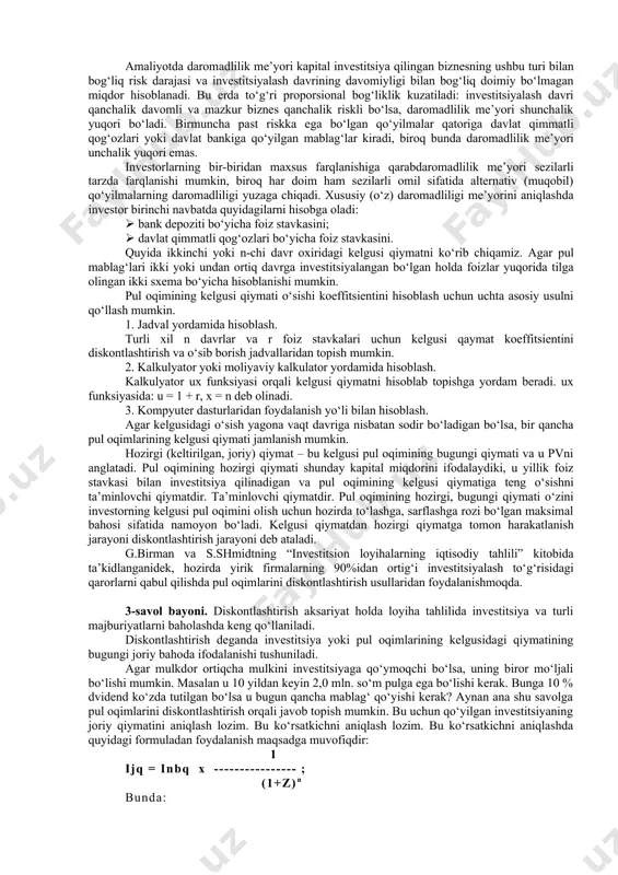 mmasini inobatga olgan holda quyidagi formula bo‘yicha topiladi: p = s – d = s (1 / (1+ni)) bizning misolda bir yildan so‘ng 1000 so‘m olish uchun zarur bo‘lgan investitsiyalarning hozirgi qiymati 556 so‘mga teng (1000-444). ikkala holatda ham qo‘llanuvchi (1/(1+ni)) ko‘paytiruvchi diskont koeffitsienti deb ataladi, uning qiymati har doim birdan kichik bo‘lishi lozim. murakkab foiz deb, investitsiyalash natijasida har bir davr bo‘yicha hisoblangan foiz summasi har safar to‘lanmasdan, asosiy qo‘yilma miqdoriga qo‘shib borilgan hamda keyingi to‘lov paytida o‘zi ham foyda keltirgan hollarda shakllanuvchi daromad summasiga aytiladi. uning miqdorini hisoblashda quyidagi formuladan foydalaniladi: ss=p(1+i)n mos ravishda foiz summasi (jc) bu holatda quyidagi formula bo‘yicha topiladi: js=ss – p misol. quyidagi shartlarga ko‘ra qo‘yilmaning kelajakdagi qiymati va murakkab foiz summasini hisoblash zarur: qo‘yilmaning boshlang‘ich qiymati - 1000 so‘m. foiz stavkasi har chorak uchun 20%; investitsiyalash muddati – bir yil. ushbu ko‘rsatkichlarni formulaga qo‘yib, quyidagiga ega bo‘lamiz: ss =1000 x (1+0,2)4=2074 so‘m; …
