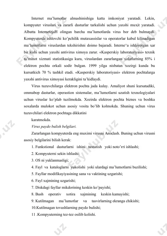 sislarga displeylarini olib kela boshlashgan. keyinchalik kompyuter «yankee doodle» deb nomlangan uzga erlik virusini chalishni boshlagan. lekin, buni tuzatishni xech kim tashlamadi, juda tez xal buldi. bu unlab viruslar tuplami edi. shunday kilib, viruslar fayllarni zararlay boshladi. «brain» va ekranda shariklar paydo kiluvchi «pingpong» viruslari boot-sektor ustidan xam golib chikishdi. bu ҳammasi ibm-pc dan foydalanuvchilarga unchalik yokmadi va antiviruslar paydo buldi. birinchi antiviru el ar dan biri anti-kot: afsonaviy oleg kotik uzining antivirusining birinchi versiyasi dunyo yuzini kurdi. u 4 ta virusni yuk kildi. afsuski, anti-kot msdos kombinastiyasidan foydalanib fayl oxirida «time» virusini aniқlaidi. boshka antiviruslar esa .som va .exe kengaytmali fayllarning ҳar bir ҳarfigacha zanjirlaydi. vakt utishi bilan viruslar ko’payib bormokda. bularning ҳammasi bir-biriga uxshash, xotiraga urnashadi, sektor va fayllarga boglanadi, fayllarni, disket va vinchesterlarni yuk kiladi. birinchilardan bo’lib, «frodo.4096» virusi ommabop bo’lib chikdi. bu virus int2ih ni egallab, dos ga murojaat etilganda zararlangan fayl xuddi xech narsa bo’lmaganday …