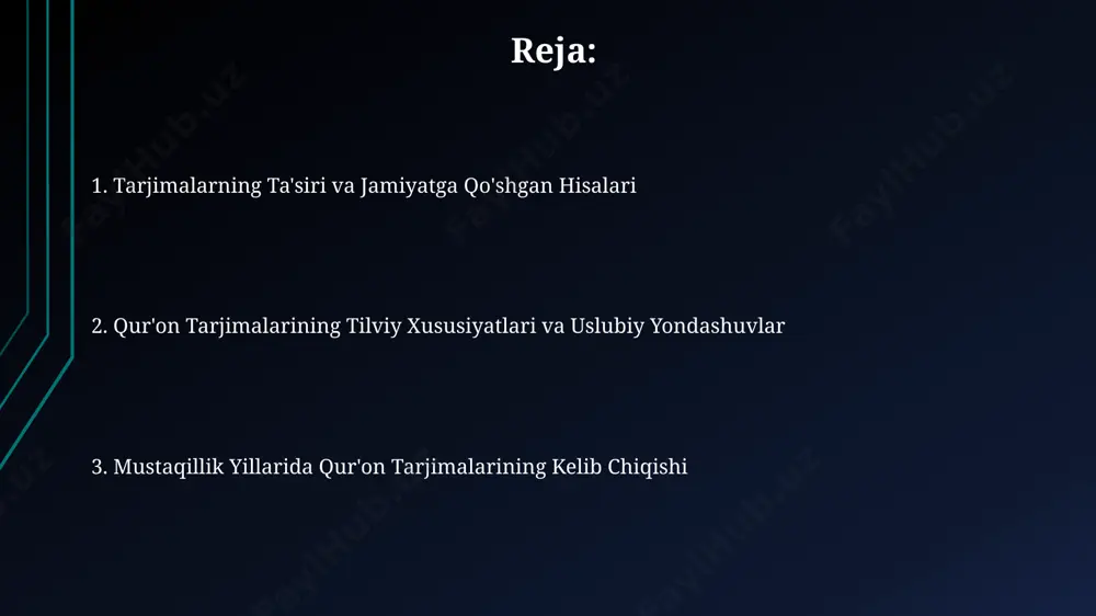 50 dan ziyod uzbek tilidagi qur'on tarjimalari va izohlari pdf formatida mavjud bo'lib, ularning aksariyati bepul yuklab olinishi mumkin. mustaqillik yillarida 10 dan ortiq onlayn qur'on tarjimasi va tafsiri elektron resurslari paydo bo'lib, foydalanuvchilarga qulaylik yaratdi, jumladan, audio va video qo'shimchalari bilan. madaniy va ijtimoiy ta’sir mustaqillik yillarida qurʼon tarjimalarining 5 dan ortiq varianti ijtimoiy muhitga taʼsir ko‘rsatib, turli talqinlarning vujudga kelishiga sabab bo‘ldi. tarjimalarning til va uslub jihatidan farqlari, taxminan 10 ga yaqin turli islomiy maktab va taʼlim yo‘nalishlarining shakllanishiga olib keldi. tarjima nazariyasi va amaliyoti ushbu asarda qur'onning 3 ta asosiy tarjima uslubi (so'zma-so'z, manolarga yaqin va erkin) va ularning uzbek tiliga moslashuvchanligi bo'yicha amaliy misollar keltiriladi. "tarjima nazariyasi va amaliyoti"da qur'on tarjimalarining ijtimoiy-madaniy kontekstiga oid 20 dan ortiq ilmiy maqola va tadqiqotlar tahlil qilinadi va ularning ta'siri baholanadi. kelajakdagi istiqbollar va takomillashtirish yo‘llari quron tilining nozik jihatlarini aks ettiruvchi 10 tadan ortiq yangi ilmiy tadqiqotlarni qo'llab-quvvatlash orqali …