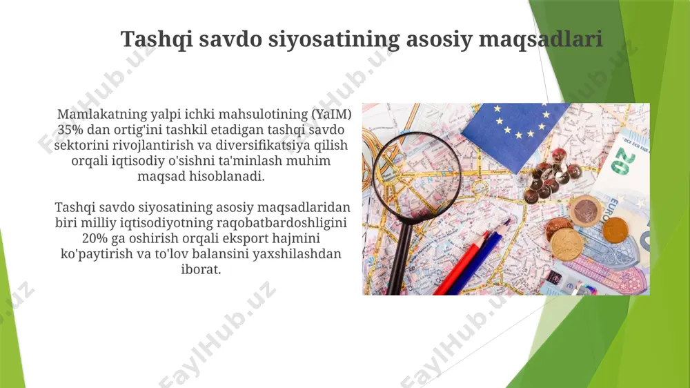alari va farmatsevtika mahsulotlariga urg'u beradi, bu esa 15% ga yaqin import o'sishini nazarda tutadi. tashqi savdo siyosatining kelajagi tashqi savdo siyosatining kelajagi, 2030-yilga borib, raqamli iqtisodiyot va elektron tijoratning tez sur’atlarda rivojlanishi hisobiga eksport hajmining 15% ga o'sishiga olib kelishi mumkin. yevroosiyo iqtisodiy hamjamiyatidagi 5 ta eng yirik davlat bilan erkin savdo bitimlarini kengaytirish, 2025-yilga kelib, milliy yalpi ichki mahsulotning 2% ga o'sishiga hissa qo'shishi taxmin qilinmoqda. investitsiyalarni jalb qilish va chet el sarmoyasi so'nggi 5 yilda to'g'ridan-to'g'ri xorijiy investitsiyalar oqimining 30% dan ortig'i sanoat va infratuzilmani rivojlantirishga yo'naltirildi, bu tarmoqlarning modernizatsiyasiga katta hissa qo'shdi. 2024 yil uchun xorijiy investitsiyalarni jalb qilish bo'yicha belgilangan maqsad 5 milliard aqsh dollarini tashkil etadi, bu o'tgan yildagi ko'rsatkichdan sezilarli darajada yuqori. savdo to'siqlari va ularni bartaraf etish savdo to'siqlarining 30%i tariflardan, qolgan 70%i esa no-tarif to'siqlardan, jumladan, texnik reglamentlar va standartlardan iborat bo'lishi mumkin. jahon savdo tashkilotining hisobotlariga ko'ra, rivojlanayotgan mamlakatlar uchun …