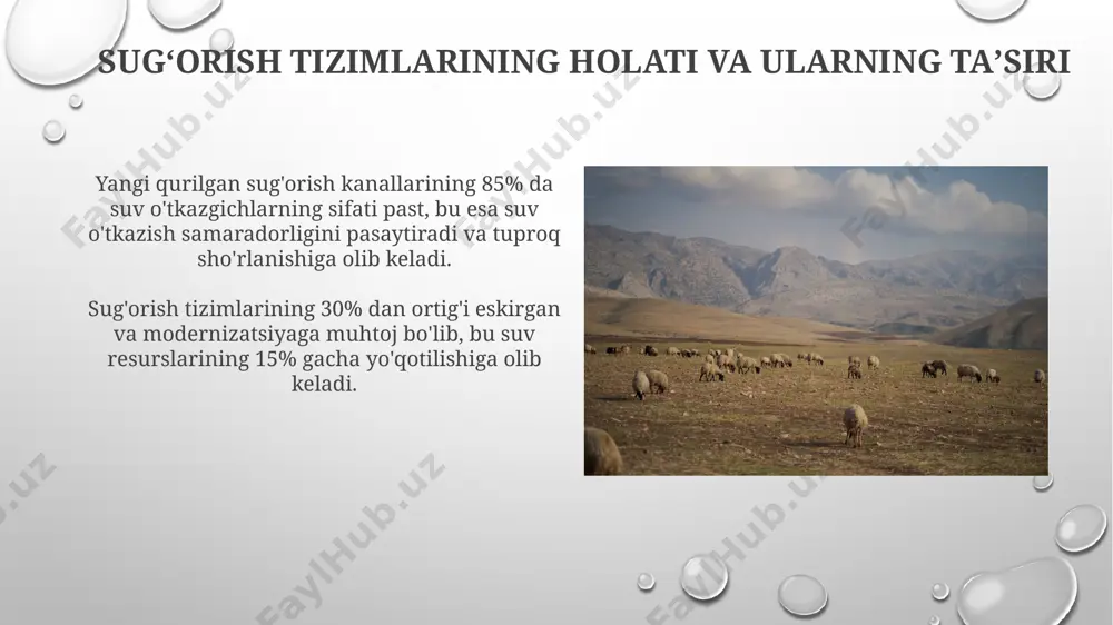 lari tuproqning sho'rlanishi va botqoqlanishiga olib keladi, natijada 20% ga yaqin yerlar unumdorligini yo'qotadi. cho'l va dasht zonalarida yillik dezertifikatsiya sur'ati 10000 ga yaqin gektarni tashkil etadi, bu esa oziq-ovqat xavfsizligi va ekologik muvozanat uchun jiddiy tahdid hisoblanadi. zamonaviy yerni boshqarish texnologiyalari yerning unumdorligini aniqlash va prognoz qilish uchun sun'iy yo'ldosh ma'lumotlaridan foydalanuvchi aniq agrotexnik tadbirlarni rejalashtirishga imkon beruvchi zamonaviy texnologiyalar fermer xo'jaliklarining samaradorligini 20-30% ga oshirishi mumkin. zamonaviy yerni boshqarish texnologiyalari, masalan, gps va gis tizimlari, yer uchastkalarini aniq 10 sm gacha aniqlikda xaritalash va tahlil qilish imkonini beradi, bu esa yer resurslarini samarali boshqarishga yordam beradi. kelajakdagi rejalar va istiqbollar 2025 yilgacha 10 mln. gektardan ortiq degradatsiyaga uchragan erlarni rekultivatsiya qilish bo'yicha milliy dasturni amalga oshirish, bunda zamonaviy texnologiyalar va innovatsion yondashuvlarni keng joriy etish rejalashtirilgan. erlarning meliorativ holatini baholash uchun yillik monitoring tizimini yaratish, bunda sun'iy yo'ldosh ma'lumotlari va geoaxborot texnologiyalaridan foydalanish hisobiga aniqlikni 30% ga oshirish …