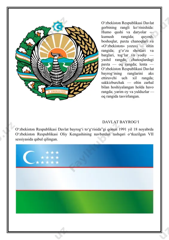 va obihayot ramzi. timsollar tilida bu – yaxshilikni, donishmandlikni, halollikni, shon-shuhrat va sadoqatni bildiradi. binobarin, amir temur davlati bayrog‘ining rangi ham moviy rangda edi. 2. bayroqdagi oq rang – muqaddas tinchlik ramzi bo‘lib, u kun charog‘onligi va koinot yoritqichlari bilan uyg‘unlashib ketadi. oq rang – poklik, beg‘uborlik, soflikni, orzu va hayollar tozaligi, ichki go‘zallikka intilishning timsoli. 3. yashil rang – tabiatning yangilanish ramzi. u ko‘pgina xalqlarda navqironlik, umid va shodumonlik timsoli hisoblanadi. 4. qizil chiziqlar – vujudimizda jo‘shib oqayotgan hayotiy qudrat irmoqlarini anglatadi. 5. navqiron yarim oy tasviri bizning tarixiy an’analarimiz bilan bog‘liq. ayni paytda u qo‘lga kiritilgan mustaqilligimiz ramzi ham. 6. yulduzlar barcha uchun ruhoniy, ilohiy tismol sanalgan. o‘zbekiston respublikasi davlat bayrog‘idagi 12 yulduz tasviri ham tarixiy an’analarimiz, qadimgi yilnomamizga bevosita aloqador. bizning o‘n ikki yulduzga bo‘lgan e’tiborimiz o‘zbekiston sarhadidagi qadimgi davlatlar ilmiy tafakkurida nujum ilmi taraqqiy etganligi bilan ham izohlanadi. davlat bayrog‘imizdagi 12 yulduz tasvirini o‘zbek xalqi madaniyatining …