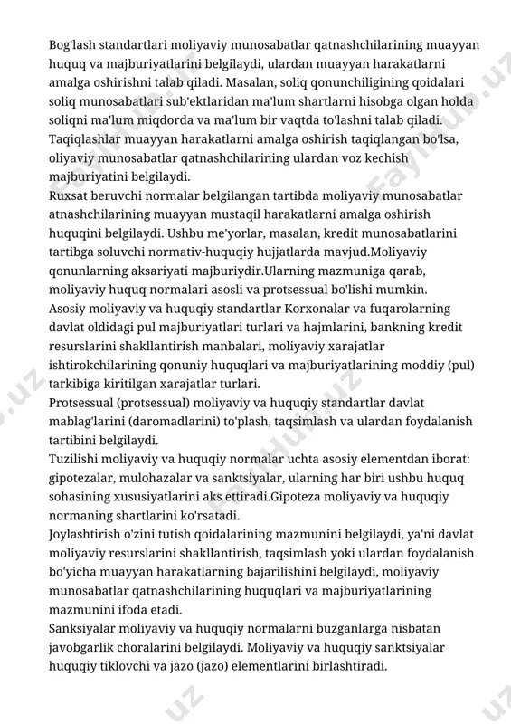 arakatlarni amalga oshirishni talab qiladi. masalan, soliq qonunchiligining qoidalari soliq munosabatlari sub'ektlaridan ma'lum shartlarni hisobga olgan holda soliqni ma'lum miqdorda va ma'lum bir vaqtda to'lashni talab qiladi. taqiqlashlar muayyan harakatlarni amalga oshirish taqiqlangan bo'lsa, oliyaviy munosabatlar qatnashchilarining ulardan voz kechish majburiyatini belgilaydi. ruxsat beruvchi normalar belgilangan tartibda moliyaviy munosabatlar atnashchilarining muayyan mustaqil harakatlarni amalga oshirish huquqini belgilaydi. ushbu me'yorlar, masalan, kredit munosabatlarini tartibga soluvchi normativ-huquqiy hujjatlarda mavjud.moliyaviy qonunlarning aksariyati majburiydir.ularning mazmuniga qarab, moliyaviy huquq normalari asosli va protsessual bo'lishi mumkin. asosiy moliyaviy va huquqiy standartlar korxonalar va fuqarolarning davlat oldidagi pul majburiyatlari turlari va hajmlarini, bankning kredit resurslarini shakllantirish manbalari, moliyaviy xarajatlar ishtirokchilarining qonuniy huquqlari va majburiyatlarining moddiy (pul) tarkibiga kiritilgan xarajatlar turlari. protsessual (protsessual) moliyaviy va huquqiy standartlar davlat mablag'larini (daromadlarini) to'plash, taqsimlash va ulardan foydalanish tartibini belgilaydi. tuzilishi moliyaviy va huquqiy normalar uchta asosiy elementdan iborat: gipotezalar, mulohazalar va sanktsiyalar, ularning har biri ushbu huquq sohasining xususiyatlarini aks …