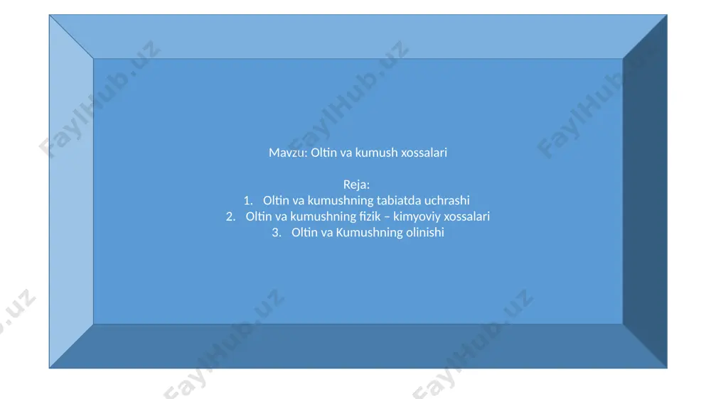 r tuzi sarik-limon rangli kukun, uchmaydi va uy xaroratida buglanmaydi, suvda yaxshi parchalanadn va oltin xlorid 3аuс1= аu + аuс13(5)hosil buladi. № xossalari oltin 1 atom massasi 196,967 2 zichligi, g/sm 19,3 3 atom radiusi, a 1,44 4 ionli radiusi, a 1,37 5 erish temperaturasi, 0c 1063 6 qaynash temperaturasi, 0c 2880 7 erish issiqlik sig‘imi, kol/g 15,5 8 bug‘lanish issiqlik sig‘imi, kol/g 415 9 solishtirma issiqlik sig‘imi kol/g´grad 0,0306 10 issiqlik o‘tkazish sig‘imi 00 dan 1000c gacha kol/ sm´ grad ´ sek 0,744 11 solishtirma elektr o‘tkazishi 200 da om/sek 2,25´10 12 mustahkamlik, qarshilik moduli kg/mm2 7900 13 mustahkamlik chegarasi kg/mm2 14 14 qattiqligi (bryunelcha) kg/mm2 18 15 qattiqligi (mooscha) kg/mm2 2,5 oltinning muhim fizik xossalari. oltinning ajralib turadigan xususyatlaridan yana biri kompleks birikma xosil kilishga moyilligi va uning uz birikmalaridan metall xoligacha oson kaytarilishidir. foydalanilgan adabiyotlar n.ismoilov “kamyob , nodir va tarqoq metallar kimyoviy texnologiyasi” toshkent – 2005 …