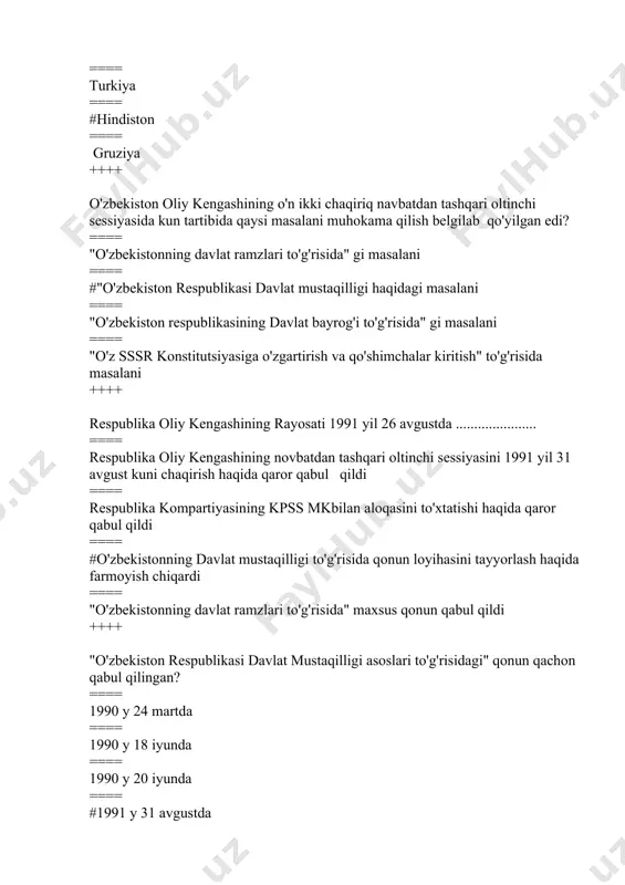 siyosatdan ustunligi ==== davlat bosh islohotchi ++++ "o'zbekiston yangilanayotgan ittifoq tarkibida mustaqil, teng huquqli respublika bo'lib qolishiga rozimisiz?" degan savol qo'yilgan qo'shimcha byulleten kiritishga qachon qaror qabull qilindi? 1991-yil ==== 1991-yil 6 fevral ==== 1991-yil 16 fevral ==== 1991-yil 10 fevral ==== #1991-yil 20 fevral ++++ qachondan boshlab respublikada o'zbekistonning iqtisodiy va siyosiy hayotiga doir masalalar mustaqil tarzda hal qilina bordi? ==== 1990-yil 23 mart ==== #1990-yilda 20 iyun ==== 1991-yil 31 avgust ==== 1991-yilda 22 iyul ++++ oliy kengashning viii sessiyasida...? 1. prezident saylovi to'g'risidagi qonun 2. referendum o'tkazish to'g'risidagi qonun 3. o'zbekiston respublikasi davlat bayrog'i to'g'risidagi qonun 4.1991-yil 29-dekabrda yakshanba kuni referendum o'tkazish belgilangan ==== l,2 ==== 2,4 ==== l,3 ==== #barchasi ++++ qachon i.karimov boshchiligida 64 kishidan iborat konstitutsiyaviy komissiya tuzildi? ==== #1990-yil 20 iyun ==== 1990-yil 21 iyun ==== 1990-yil 26 iyun ==== 1990-yil 28 iyun ++++ o'zbekiston prezidentning qachongi farmoniga ko'ra milliy valyuta - so'm …
