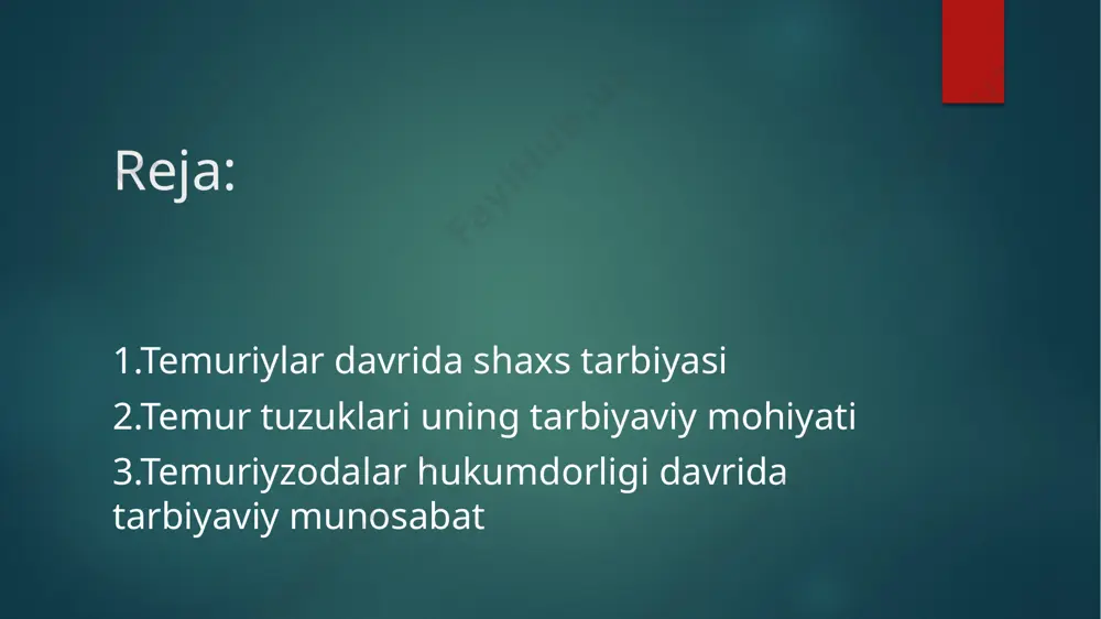 ar natijasida tuzilgan bo‘lsa-da, uning ichki boshqaruvida zo‘ravonlik qo‘llanilmas, balki amir temurning «kuch – adolatda» tamoyili asosida ish yuritilar edi. amir temur davlatida milliy madaniyatlarning o‘zaro ta’siri va bir-birini boyitishi aslo zo‘ravonlik natijasi emas, balki buyuk bunyodkorlik, xalqlarning o‘zaro yaqinlashuvi, hamkorligi natijasidir. shu bois, biz yuqorida keltirib o‘tganimizdek, akademik n.i.konrad amir temurnichingizxonga emas, balki aleksandr makedonskiyga va kanishkaga qiyoslaydi, ularning davomchisi deb hisoblaydi temuriylar davrida saroylardan, poytaxt va yirik markazlardan chetda avom xalq o‘rtasida xurofot keng tarqalgan, ma’rifat ancha past, ayrim doiralarda mutaassiblik kuchli edi. iqtisodiy o‘sish, ishlab chiqarish vositalarining takomillashishi juda-juda sust edi. bu sohada jamiyat an’anaviylik kasb etgan, sifat jihatdan uning yangi bosqichga ko‘tarilish imkoniyatlari juda pasayib ketgan, kapitalning to‘planishi, konsentratsiyasi, hunarmandchilikning oilaviy doiradan chetga chiqib evropadagidek manufakturalar vujudga kelishi ro‘y bermagan edi. ma’naviy xayotda esa dinning ta’siri, aniqrog‘i,diniy mutaassiblikning ta’siri yildanyil oshib boraverdi. ilm-fandagi nazariy yutuqlar, izlanishlar iqtisodiy zarurat bilan tutashmadi, texnik ijodkorlikka, ishlab chiqarish vositalarini takomillashtirishga, …