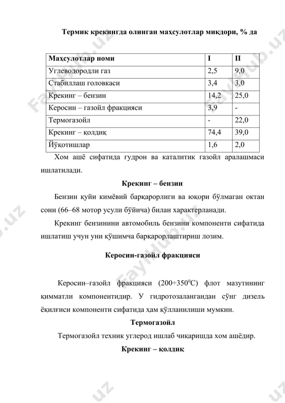 нлар ҳамда с6–с8 аренлар ва бошқа компонентлар ҳосил бўлади. бензинлар пиролизида ҳосил бўладиган маҳсулотлар кенг оралиқда ўзгариб туриши 2-жадвалда кўрсатилган (%, масс.). 2-жадвал бензин пиролизида ҳосил бўладиган маҳсулотлар маҳсулотлар номи миқдори, (% масс.) этилен 22-32 пропилен 10-17 с4 – фракция 5-12 аренлар 6-13 тўғридан тўғри ҳайдаб олинган бензин ресурслари етишмаганлиги боис ва нархларнинг узлуксиз ўсиши оқибатида пиролиз хом ашёси сифатида кўпчилик давлатларда керосин–газойл фракцияси (170÷3800с) қўлланилмоқда. газойлларнинг пиролизида ҳосил бўладиган маҳсулотлар миқдори 9.3-жадвалда келтирилган. 9.3-жадвал газойлнинг пиролизида ҳосил бўладиган маҳсулотлари маҳсулотлар номи миқдори, (% масс.) этилен 16 – 23 пропилен 15 суюқ маҳсулотлар 50 ҳозирда пиролиз жараёни учун янада оғир бўлган хом ашёни ишлатиш тенденцияси кузатилмоқда. кокслаш кокслаш жараёнининг мақсади, нефть кокси ва кенг фракцион таркибли дистиллат олишдир. нефть коксини олиш учун хом ашё сифатида қуйидагилар ишлатилиши мумкин: бензинсизланган нефть, бирламчи қайта ишлаш қолдиқлари, мазутлар, ярим гудронлар, гудронлар; иккиламчи келиб чиқиш маҳсулотлари, крекинг қолдиқлар, каталитик крекинг оғир газойллари, пиролиз смолалари …