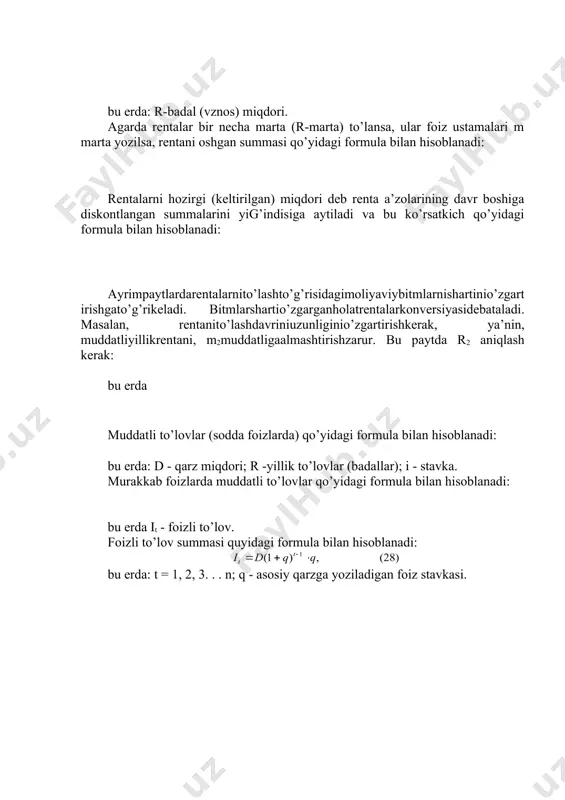 muddatli to’lovlar qo’yidagi formula bilan hisoblanadi: bu erda it - foizli to’lov. foizli to’lov summasi quyidagi formula bilan hisoblanadi: bu erda: t = 1, 2, 3. . . n; q - asosiy qarzga yoziladigan foiz stavkasi. nazorat savollari 1. moliya bozorini statistik o’rganishning ijtimoiy-iqtisodiy mohiyati va ahamiyati nimalardan iborat? 2. davlat moliyasi statistikasi deganda nimani tushunasiz? 3. davlat byudjeti daromadlari va xarajatlari ko’rsatkichlari, byudjet defitsiti deganda nimani tushunasiz? adabiyotlar ro’yxati 1. статистика. учебник. /под ред. и.и. елисеевой. – м.: проспект, 2010. – 448 стр. 2. харченко н.м. экономическая статистика. учебник. – м.: дашков и к, 2010. – 368 с. 3. n.m.soatov, x.nabiev, d.nabiev, g.n.tillaxo’jaeva. statistika. darslik. – t.: tdiu, 2009. – 568 bet. 4. nabiyev x., nabiyev d.x. iqtisodiy statistika. darslik. – t.: aloqachi, 2009. 512 bet. 5. экономическая статистика. учебник. / под ред. ю.н. иванова. – м.: инфра-м, 2009. – 736 стр. 6. статистика: учебник. / под ред. и.и. …