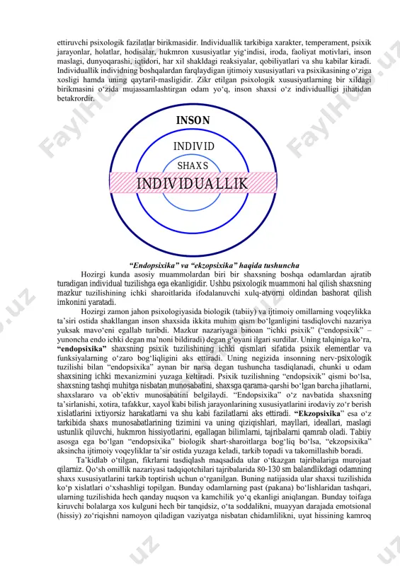 muniga to‘xtalish lozim. a.v.petrovskiy tahriri ostida chaqqon “umumiy psixologiya” darsligida “individ” tushunchasida kishining nasl nasabi ham mujassamlashgandir. yangi tug‘ilgan chiqaloqni, katta yoshdagi odamni ham, mutafakkirni ham, aqli zaif ovsarni ham, yovvoiylik bosqichidagi qabilaning vakilini ham, madaniyatli mamlakatda yashayotgan yuksak bilimli kishini ham individ deb hisoblash lozim. individ tushunchasi professor e.g‘ozievning “umumiy psixologiya” darsligida tavsiflanishicha, individ lotincha ajralmas, alohida zot ma’nolarini anglatib inson zotiga xoslik masalasini belgilab beradi. shuningdek, katta yoshdagi ruhiy sog‘lom odamlar ham, chiqaloq ham, nutqi yo‘q, oddiy malakalarni o‘zlashtira olmaydigan aqli zaiflar ham individlar deb ataladi. m.g.davletshin tahriri ostida chaqqon “psixologiyadan qisqacha izohli lug‘atda” individ bo‘linmas, ayrim jins, shaxs ma’nolarini anglatib, biologik turga kiruvchi alohida tirik mavjudot sifatida ko‘rsatib o‘tiladi. keltirilgan ta’riflardan shuni xulosa qilish mumkinki shaxs deb muayyan jamiyatda yashovchi faoliyatning biror turi bilan shug‘ullanuvchi, kishilar bilan normal til orqali munosabatga kirishuvchi ongli individga aytiladi. individ sifatida dunyoga kelgan odam ijtimoiy muhit ta’sirida keyinchalik shaxsga aylanadi, shuning …
