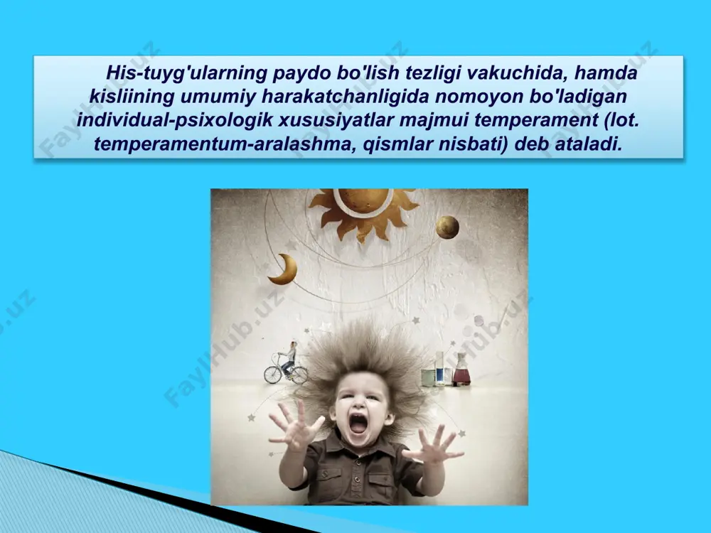 rganizimning tabiiy xususiyatidir. u nasliydir, lekin butunlay o’zgarmas hisoblanmaydi, u rivojlanishda va ma'lum darajada atrofdagi sharoit, muhit ta'siri tufayli o’zgaradi. temperament tiplarining kelib chiqishida, yuqorida aytganimizdek, irsiyat asosiy rol o’ynaydi. agar irsiy fiziologik xususiyatlari bir hil bo’lgan bitta tuxumdan paydo bo’lgan (gomozigot) egizaklarning temperament xususiyatlarini irsiy fiziologik xususiyatlari unchalik bir hil bo’lmagan, ikkita tuxumdan paydo bo’lgan (geterozigot) egizaklarning temperament xususiyatlari bilan solishtirsak, bu narsa juda yaqqol ko’rinadi. geterozigot egizaklarga qaraganda gomozigot egizaklar temperamentlari xususiyatlarining o’xshashlik darajasi shunchalik ortiqqi, temperamentning irsiyat yo’li bilan berilishi imkoniyati 85% ga tengdir. garchi temperament tiplari, umuman olganda, irsiyatga bog’liq bo’lsada, temperamentning ayrim xususiyatlari hayot sharoitlari va tarbiyaga bog’liq holda ma'lum darajada o’zgaradi. temperamentning ayrim xususiyatlarining hayot sharoitlari va tarbiyaga bog’liq holda o’zgarishini temperament tiplarining voyaga etishidan farqlash lozim. temperament tipi unga hos bo’lgan barcha xarakterli xususiyatlari bilan birga, tug’ilish chogidan boshlab yoki ma'lum yoshda birdan paydo bo’lib qolmaydi. nerv sistemasining voyaga etishidagi umumiy qonuniyatlari temperament …
