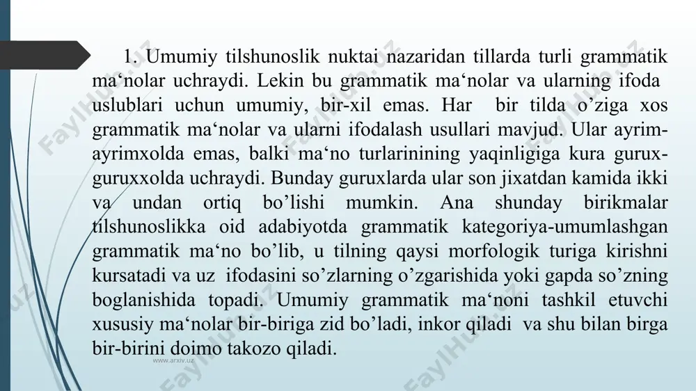 ik gillarda ikki xususiy ma‘no: birlik va ko’plikdan tashkil topgan. ba‘zi tillarda birlik va ko’plikdan tashkari juftlikni anglatuvchi ikkilik soni xam uchraydi. son kategoriyasi fakat otga xos bo’lmay, sifat, olmosh va fe‘llarda xam ifodalanishi mumkin, lekin uning grammatik ifoda usublari so’z turkumlari va tillarda bir xil emas. www.arxiv.uz www.arxiv.uz o’zbek, rus, ingliz, nemis, frantsuz tillarida mazkur kategoriya bir biriga zid bo’lgan ikki xususiy son - birligi va ko’pligidan tash­kil topadi. o’zbek tilida bu kategoriya ot, olmosh va fe‘llarda; rus ti­lida ot, sifat, olmosh, fe‘l va tartib sonlarda; ingliz tilida asosan ot va olmoshlarda o’z aksini topadi. birlik soni predmet va xrdisalarning yakkaligini anglatsa, kuplik ularni birdan ortikligini, sonni noaniqligini ifodalaydi: kitob-kitoblar. v) kelishik kategoriyasi. otning boshqa so’z turkumiga munosabati kelishik kategoriyasi orqali ifodalanadi. bu kategoriya borliqdagi nar­sa, sifat va xrdisalar o’rtasidagi aloka munosabatlarini belgilaydi. www.arxiv.uz www.arxiv.uz kelishik kategoriyasini ifodalovchi grammatik vositalar ot va otlashgan so’zlarning sintaktik vazifasini kursatadi. shuning uchun …