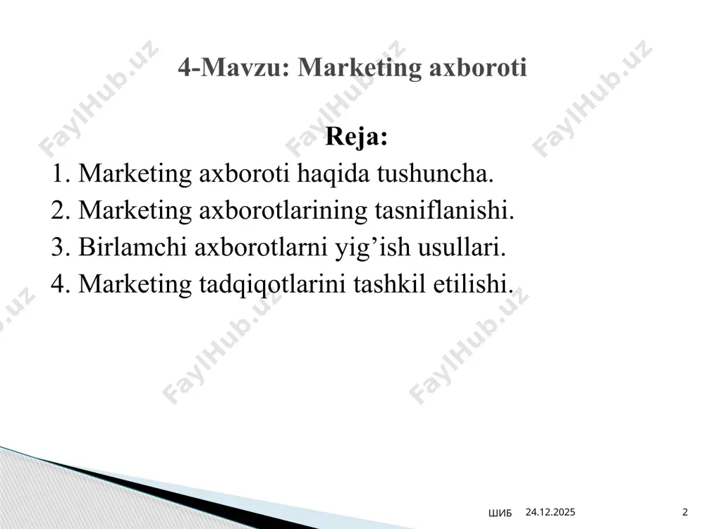 ichki marketing axborotlari; - tashqi marketing axborotlari. 2. hosil bo’lish davriga ko’ra: - ikkilamchi marketing axborotlari; - birlamchi marketing axborotlari. 3. barqarorligiga ko’ra: o’zgaruvchi marketing axborotlari; o’zgarmas marketing axborotlari. 12.02.2025 шиб 6 4. ma’lumotlarni shakliga ko’ra: - matnli marketing axborotlari; - grafikli marketing axborotlari. birlamchi axborot — aniq marketing muammosini yechish uchun maxsus dala (bozor) tadqiqotlari va modellash asosida hozirgina olingan ma’lumotlar massivi; ikkilamchi axborot — qachonlardir korxonada tadqiq qilinayotgan aniq muammo yechimi bilan bog’liq bo’lmagan qandaydir maqsadlar uchun kimdir tomonidan to’plangan ma’lumotlar to’plami. 12.02.2025 шиб 7 kuzatish analitik usul hisoblanadi. uning yordamida odamlarning xulq-atvorini va atrof-muhitni, odatda, haqiqiy holatlarda o’rganish va qayd etish mumkin. bunda odamlarni so’roqqa tutmaydilar, ularning hamkorligi shart emas. masalan, do’konda birorbir tovarning sotib olinishi miqdori yoki xaridorlar oqimining harakati kuzatiladi. iste’molchilarda ma’lum tovarlarning mavjudligini yozib olish qo’llaniladi. iste’molchilarning, masalan, reklamaga, yangi o’ramga, emosional ta’sirga reaksiyasini aniqlash uchun kuzatishning texnik vositalari (kamerako’z, tahistoskop va b.) qo’llanilishi …