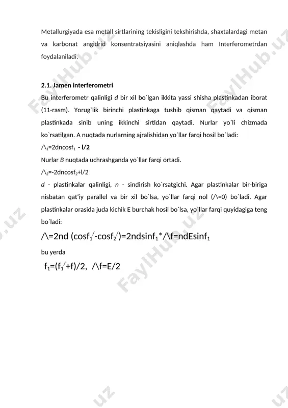 ri qat‘iy parallel bo`ladigan qilib o`rnatiladi (1-rasm). tashqi sirtlar odatda ichkilari bilan biror burchak hosil qiladi, bunday qilinganda tashqi sirtlardan qaytgan yorug`lik shu‘lasi (blik) asosiy manzarani kuzatishga halaqit bermaydi. sirtlarni bir-biridan ma‘lum masofada parallel o`rnatish uchun plastinkalar orasiga invardan yasalgan halqa qo`yiladi. bu halqaning ikkala tomonida uchtadan chizig`i bo`lib, bularga plastinkalar uchta prujina bilan qisib qo`yiladi. chiziqlar ko`zgular bir-biriga parallel turadigan qilib silliqlab ishlangan. bir oz parallel bo`lmay qolganda tegishli prujinani bosish bilan ko`zgular parallel holatga keltiriladi. yaxshi asboblardan plastinkalar sirti 1/200 to`lqin uzunligigacha aniqlikda yassi qilinadi. plastinkalarning ichki yuzlariga (orasida havo qatlami joylashgan yuzlariga) kumush yoki boshqa metal yalatiladi (qoplanadi), shunday qilinganda nurlarning qaytish koeffitsiyenti ancha yuqori bo`ladi. interferension manzara teng og`malik halqalari shaklida bo`ladi, chunki etalonga enlik yorug`lik manbaidan yoyiluvchi yorug`lik dastasi tushiriladi (1-rasmda bu dastadagi nurlardan birining yo`li ko`rsatilgan). interferensiya tartibi plastinkalar orasiddagi masofa bilan aniqlanadi (bu masofa 1 dan 100 mm gacha, maxsus etalonlarda esa ancha …