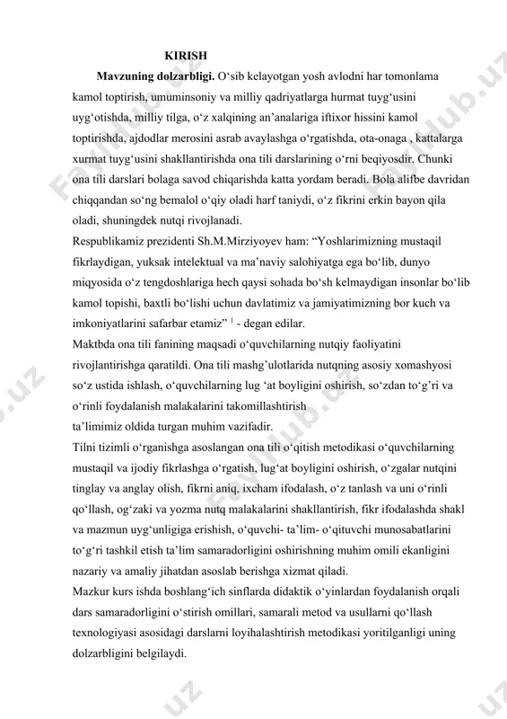 mova, y.abdullayev, q.abdullayeva,a.g’ulomov, o.oxunboboev, u.masharipovalar ilmiy izlanishlar olib borganlar. shuningdek, matbuotda bir qancha metodist va o‘qituvchilarning maqolalari e’lon qilingan. jumladan, profеssor q.abdullayеva, k.qosimova, o.safarov, s.matchonov, b.maqulova, t.adashboyеv, е.abduvalitov, sh.yo‘ldoshova, d.shodmonqulova, x.g’ulomova, b.pardayev, x.sattorovalarning o‘quv va mеtodik qo‘llanmalari, maqolalari nashr etilgan. qo‘shimcha sifatida shuni aytib o‘tish joizki, hozirda boshlangʻich sinf o‘qituvchilari uchun ona tili fanidan u.a.masharipova, u.m.axmadovna, s.t.maxmayev, n.a.a’zamova kabi mualliflar tomonidan (o‘zbek, rus, qozoq) tillarida multimediali dars ishlanmalar majmuasi ishlab chiqilgan. masalan, o‘quv reja bo‘yicha 2-sinf “ona tili” faniga 136 soat dars ajratilgan bo‘lib, metodik qo‘llanmada 28 ta dars uchun multimediali ilovalar orqali o‘qitishning o‘yinli shakllari va ilgʻor axborot texnologiyalaridan foydalanilgan dars ishlanmalar berilgan. darslikning multimediali ilovasini 21 ta animatsiya, 7 ta lugʻat ishi, 38 ta interfaol mashq-o‘yin, 5 ta video, 4 ta audio(she’r) va bo‘limlar yuzasidan 5 ta test topshiriqlari tashkil etadi. umumiy o‘rta ta’limning davlat standartlari va o‘quv dasturiga ko‘ra boshlang’ich sinf ona tili darslarida fonetik mashqlarni o‘rganib …