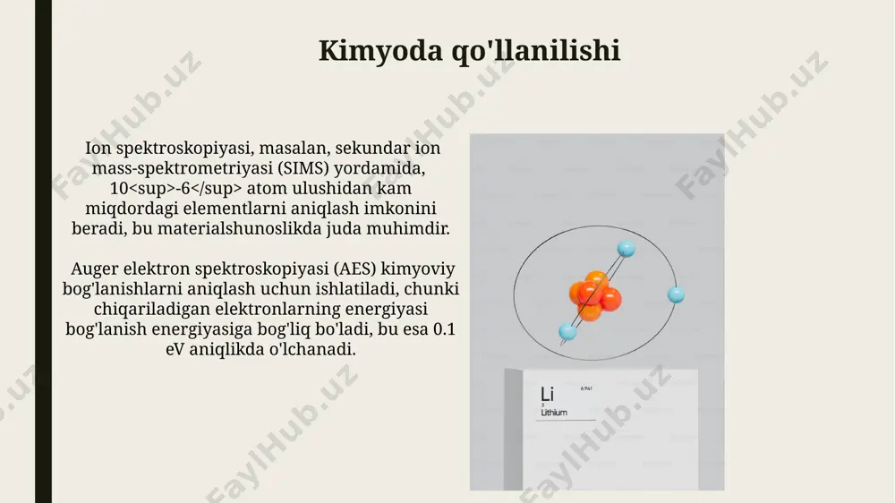 'lchashga imkon beradi. auger elektron spektroskopiyasi (aes) yordamida 0,5-3 nm chuqurlikdagi yuzadagi elementlarning kimyoviy holatini va konsentratsiyasini aniqlash mumkin, bu esa yuzaki reaksiyalarni o'rganishga yordam beradi. ikkita elektron spektroskopiyasi ikki fotoelektron spektroskopiyasi (xps) yordamida kimyoviy bog'lanishlarni aniqlash mumkin, chunki har bir elementning bog'lanish energiyasi biroz farq qiladi, bu esa 0.1 ev aniqlikda o'lchanadi. ikki fotoelektron spektroskopiyasi (xps va ups) yordamida sirtning kimyoviy tarkibi va elektron holatlarini 1-10 nm chuqurlikdagi aniqlash mumkin, bu materiallarni o'rganishda muhim ahamiyatga ega. auger elektron spektroskopiyasi (aes) aes usuli yuqori sezuvchanlikka ega bo'lib, 0,1 atom % gacha bo'lgan konsentratsiyadagi elementlarni aniqlash imkonini beradi va shuning uchun ham mikroanalizlarda keng qo'llaniladi. avger elektron spektroskopiyasi (aes) yordamida sirtning elementar tarkibi 0,1-1 nm chuqurlikgacha aniqlanadi, bu uni yupqa qatlamli materiallarni tahlil qilishda juda samarali qiladi. e'tiboringiz uchun rahmat @taqdimot_robot image1.jpg image2.jpg image3.jpg image4.jpg image5.jpg image6.jpg image7.jpg image8.jpg image9.jpg image10.jpg image11.jpg image12.jpg image13.jpg image14.jpg image15.jpg image16.jpg
