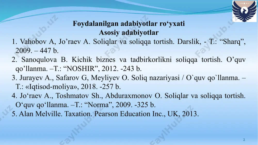 tlari milliy bazasi www.mf.uz – o‘zbekiston respublikasi moliya vazirligi sayti www.soliq.uz – o‘zbekiston respublikasi davlat soliq qo‘mitasi www.ziyonet.uz – ta’lim portali www.norma.uz – “norma” axborot-huquqiy portali ma’ruza mashg’uloti mavzusi: «soliqlar va soliqqa tortish» fanining predmeti, mazmuni va printsiplari mashg’ulot rejasi: “soliqlar va soliqqa tortish” fanining predmeti. soliqlarning iqtisodiy mohiyati va zarurligi. soliq printsiplari. 5 “fuqarolarimiz soliqdan qochish emas, uni vaqtida to‘lashdan manfaatdor bo‘lishi kerak” sh.mirziyeyov. «soliqlar va soliqqa tortish» fani soliqlarning iqtisodiy mohiyati, ahamiyati, funktsiyalari, soliqlarni hisoblash va byudjetga undirish mexanizmini o’rganishdagi asosiy fan hisoblanadi. «soliq» kategoriyasi — bu muhim iqtisodiy jarayon bo’lib, uning paydo bo’lishi va amal qilishi kishilik jamiyatining mavjudligi bilan chambarchas bog’liqdir. soliqlar har bir davlat faoliyatining moddiy jihatlarini ta’minlaydi. jahon iqtisodiyoti taraqqiyotida soliqlar iqtisodiyotni davlat tomonidan tartibga solishning muhim vositasi hisoblanadi. «soliqlar va soliqqa tortish» fanining predmeti – bu soliq to’lovchilarning soliqlar va ularga tenglashtirilgan to’lovlarning iqtisodiy mohiyati, davlat byudjeti daromadlarini shakllantirishdagi ahamiyati, soliq tizimi va …