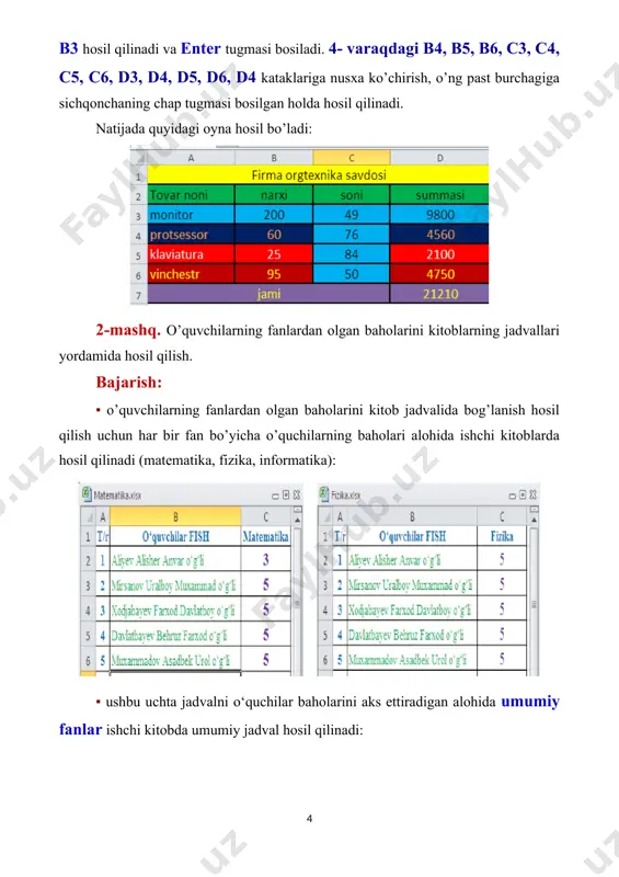 gan kiritib qo’yilgan tayyor vositalar qolipidir. ular murakkab bo’lgan matematik va mantiqiy amallarni bajaradi. funksiyalar kompyuter xotirasiga oldindan kiritilgan bo’lib, ular formulalarni yozishda qo’llaniladi. funksiyalarni qo’llash: 1. formulani soddalashtiradi. 2. to’g’ridan-to’g’ri mumkin bo’lmagan hisoblashlarni amalga oshiradi. 3. tahrir qilish bilan bog’liq bo’lgan ayrim masalalarni tezlashtiradi. funksiyalarga misollar: quyidagi keltirilgan misollar funksiyalar yordamida formulalarni soddalashtirish imkonini namoyon etadi. (a1:a10) kataklardagi sonlarning o’rtachasini topishda =(a1+a2+a3+a4+a5+a6+a7+a8+a9+a10)/10 formuladan foydalanish mumkin. bu juda ham qulay formula emas, uning o’rniga excel da soddalashtirilgan quyidagi funksiyadan foydalanish mumkin: = срзнач (a1:a10) agar biror maydondagi eng katta qiymatni topish kerak bo’lsa, u holda, albatta, excel da funksiyadan foydalanamiz. quyida a1:d100 maydondagi eng katta qiymatni topish funksiyasi keltirilgan: =макс(a1:d100) faraz qilaylik, sizga biror mahsulotni sotishdan olinadigan komission xarajatni hisoblash talab etilgan bo’lsin. agar sotuvchi mahsulotdan 100 ming so’mdan ortiq sotsa, u holda mahsulotdan komission xarajat 7,5%, aks holda 5% bo’lsin. buni quyidagi sodda funksiya yordamida hisoblash mumkin: =если(a1 5*100) …