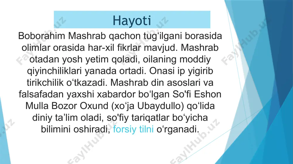 teʼdod egasi ekanligidan dalolat beradi. mashrab ijodi sheʼriyatning yanada kengroq ijtimoiy mazmun va jangovar ruh kasb etishida, adabiyotdagi xalqchillik va dunyoviylikning chuqurlashuvida, lirik turlarning takomillashuvi hamda badiiy sanʼatning kamolotga erishuvida yangi bir yuqori bosqichni tashkil etadi. mashrab qoldirgan adabiy meros toʻla aniqlanib, oʻrganilgan emas. baʼzi tadqiqotchilar juda koʻp sheʼriy hikoyat va gʻazallarni oʻzida jamlovchi „mabdai nur“ nomli yirik asarni shoirga nisbat beradilar. shoir merosi, asosan,„qissai mashrab“asari orqali yetib kelgan. asarda rindiy, umar, mahvash, zinda va mansur taxalluslari ham uchraydi. „mabdai nur“ va „kimyo“ asarlari muallifligi borasida munozara mavjud. 1997-yilda „mabdai nur“ (jaloliddin rumiy „masnaviyi maʼnaviy“siga sharh) boborahim mashrabning asari sifatida chop etildi. “dеvon”ni varaqlab… mashrabning vahob rahmonov va komiljon isroilovlar nashrga tayyorlangan “devon”i so‘zboshi, she’rlar va lug‘atdan iborat. vahob rahmonov qalamiga mansub “buyuk isyonkor” deb nomlangan so‘zboshining asosiy muvaffaqiyatlaridan biri so‘filar ta’limotining o‘ng va so‘l qanotlari haqida ravshan hamda qariyb aniq ma’lumotlar berilganligida ko‘rinadi. mashrab mansub bo‘lgan so‘l qanot so‘filar …